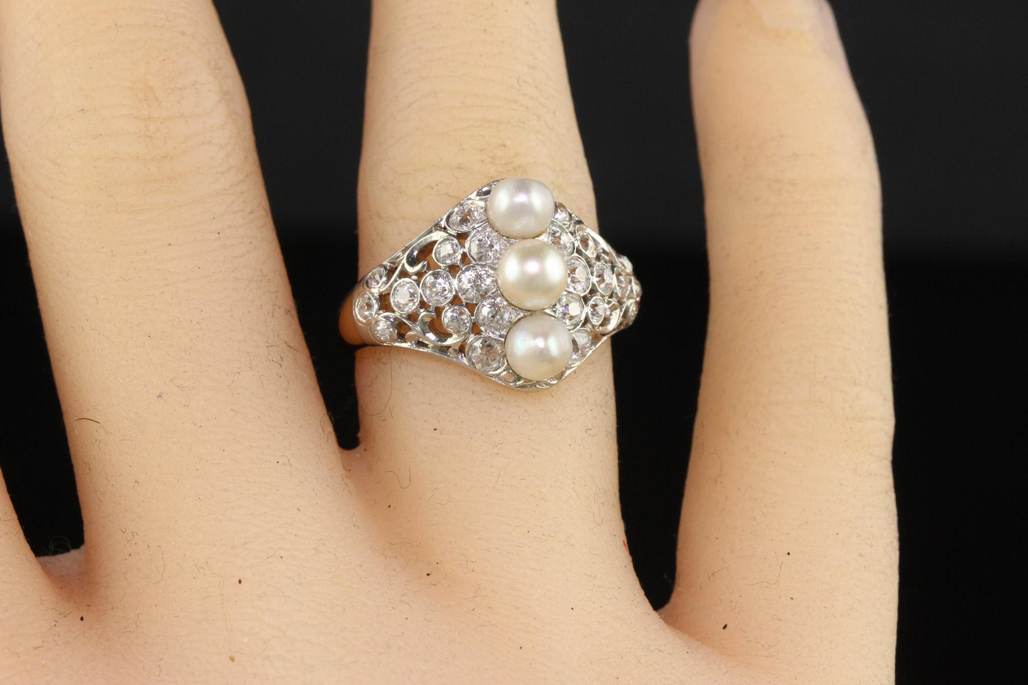 Antique Edwardian Spaulding and Co 18K Gold Platinum Old Euro Diamond Pearl Ring For Sale 3