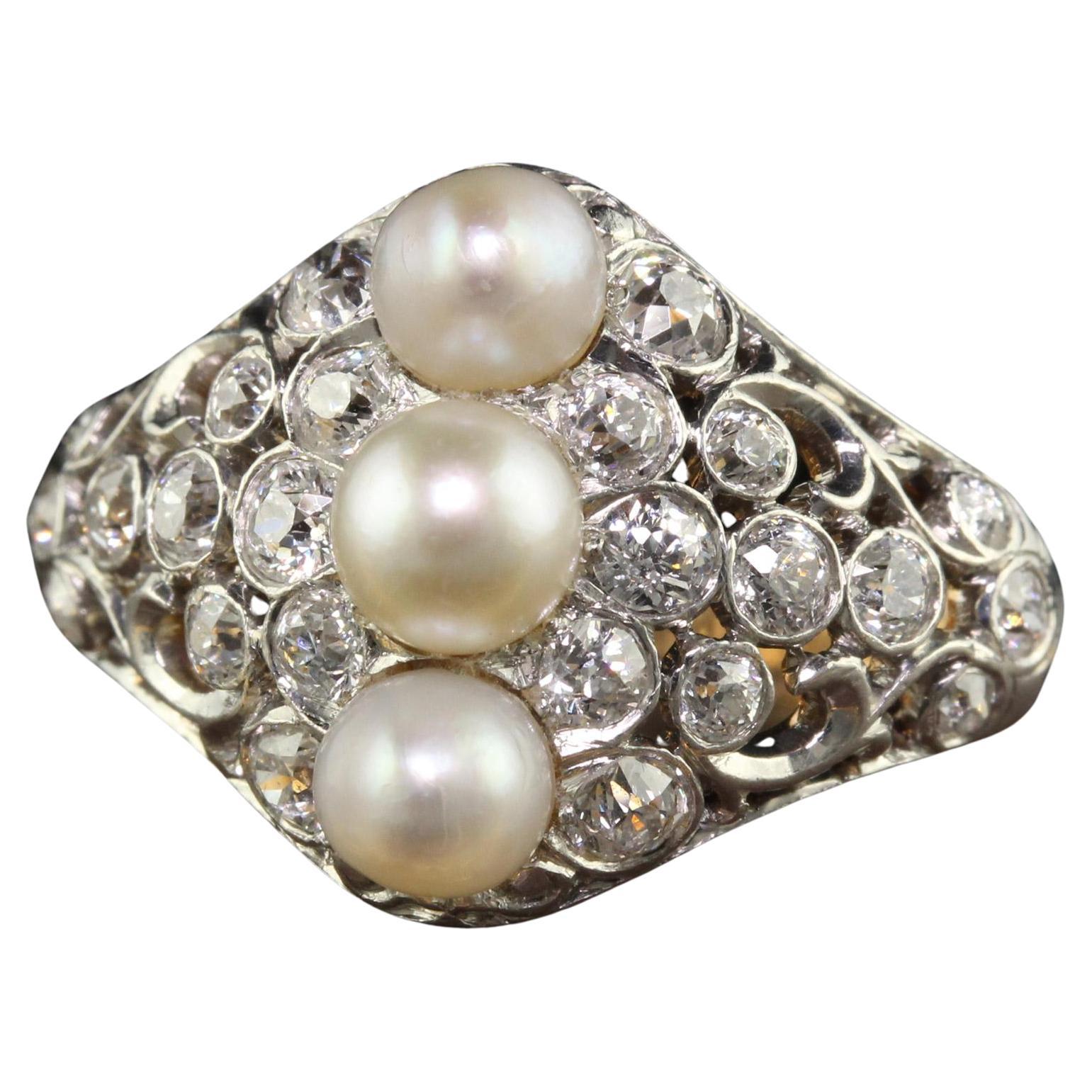 Antique Edwardian Spaulding and Co 18K Gold Platinum Old Euro Diamond Pearl Ring For Sale