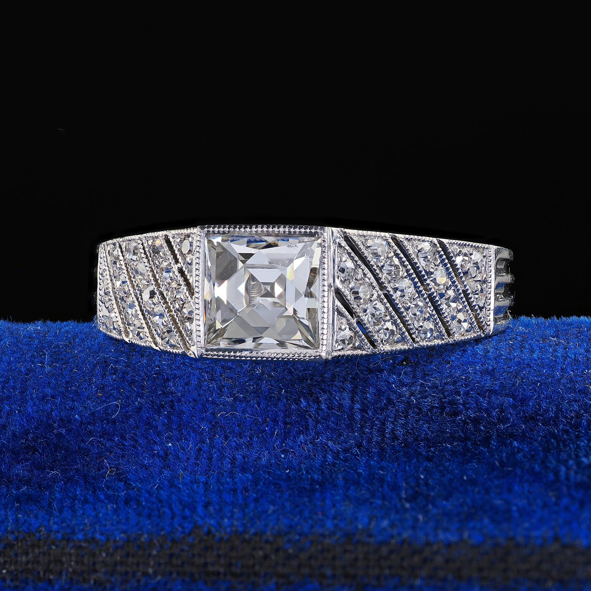 Beautiful Antique Art Deco Spaulding Co Platinum French Cut Diamond Engagement Ring - GIA. This gorgeous Spaulding Co French cut diamond engagement ring is crafted in platinum. This ring features a gorgeous French cut diamond in the center that has