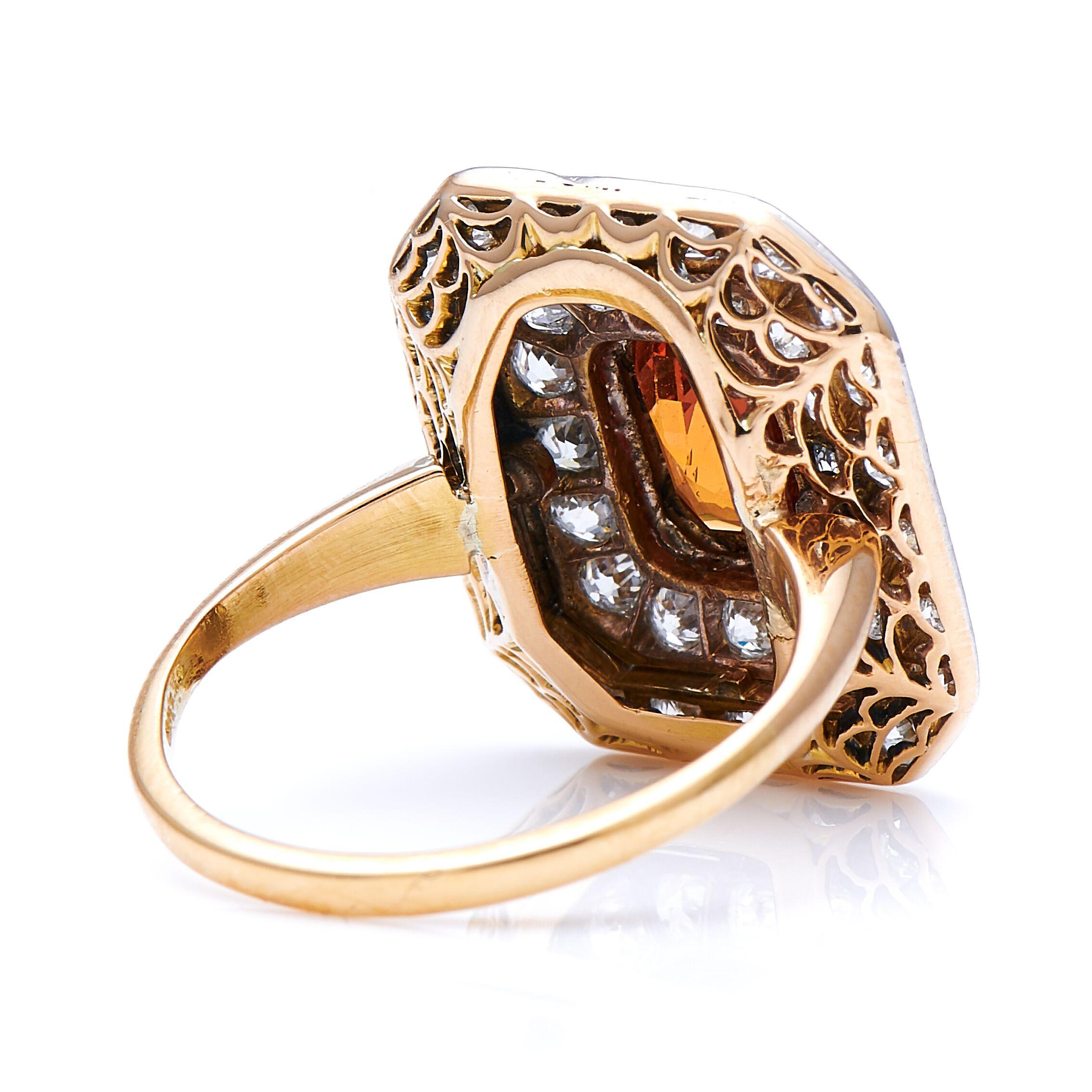 Art Deco Style, Spessartine ‘Mandarin’ Garnet and Diamond Cluster Ring In Excellent Condition In Rochford, Essex