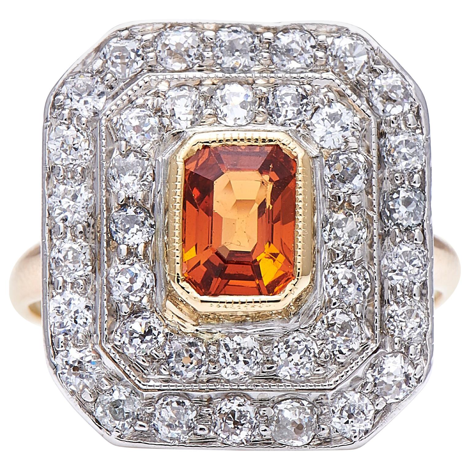 Art Deco Style, Spessartine ‘Mandarin’ Garnet and Diamond Cluster Ring