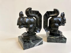 Antique Art Deco ''Squirrel'' Bookends by Max Le Verrier 1930 France Marble