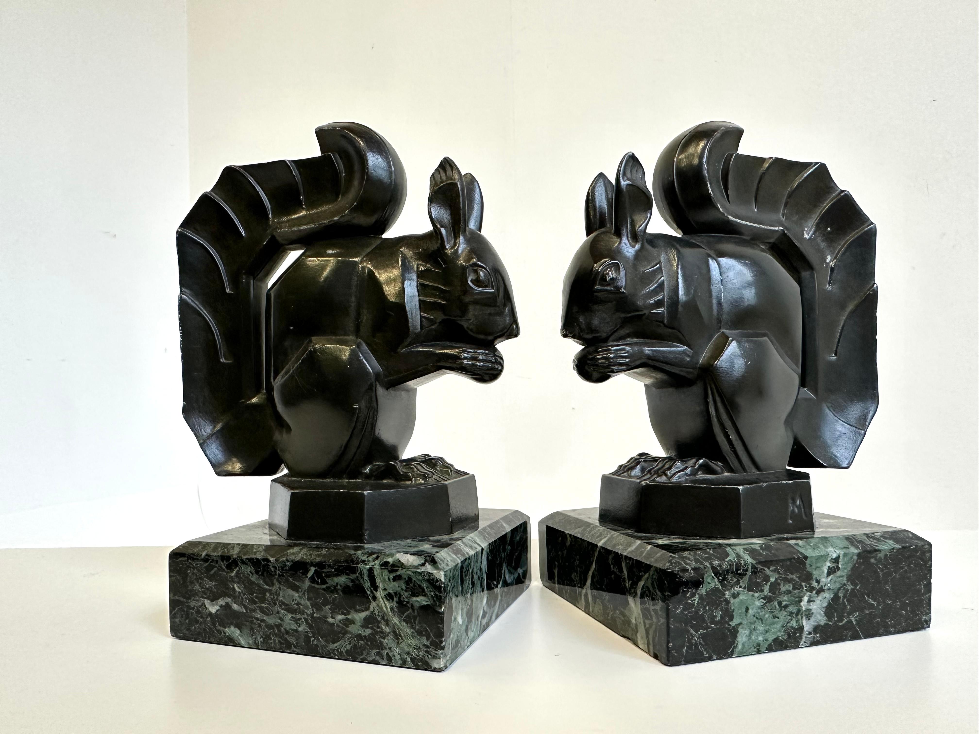 Hand-Crafted Antique Art Deco ''Squirrel'' Bookends by Max Le Verrier 1930 France Marble For Sale