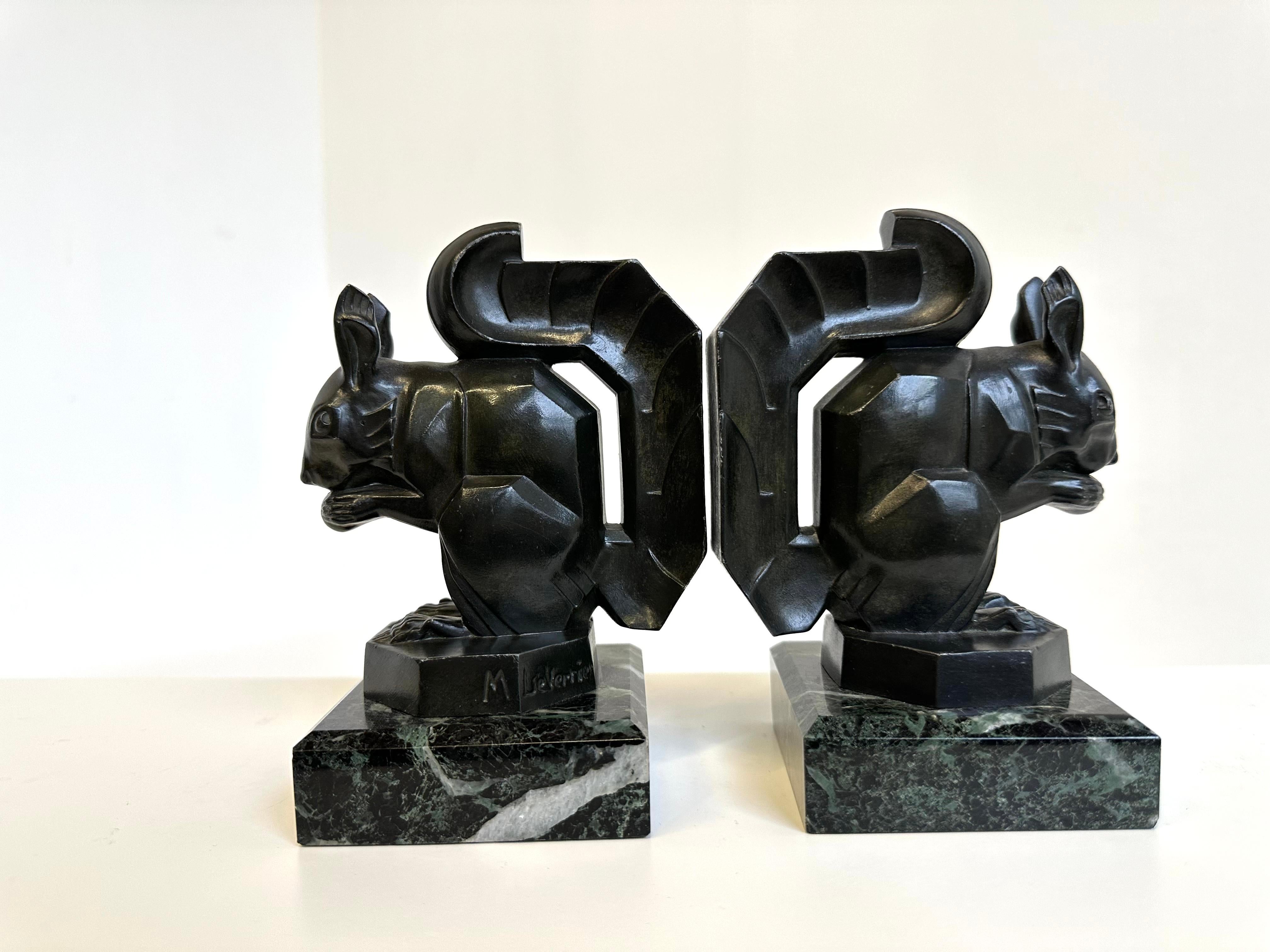 Spelter Antique Art Deco ''Squirrel'' Bookends by Max Le Verrier 1930 France Marble For Sale