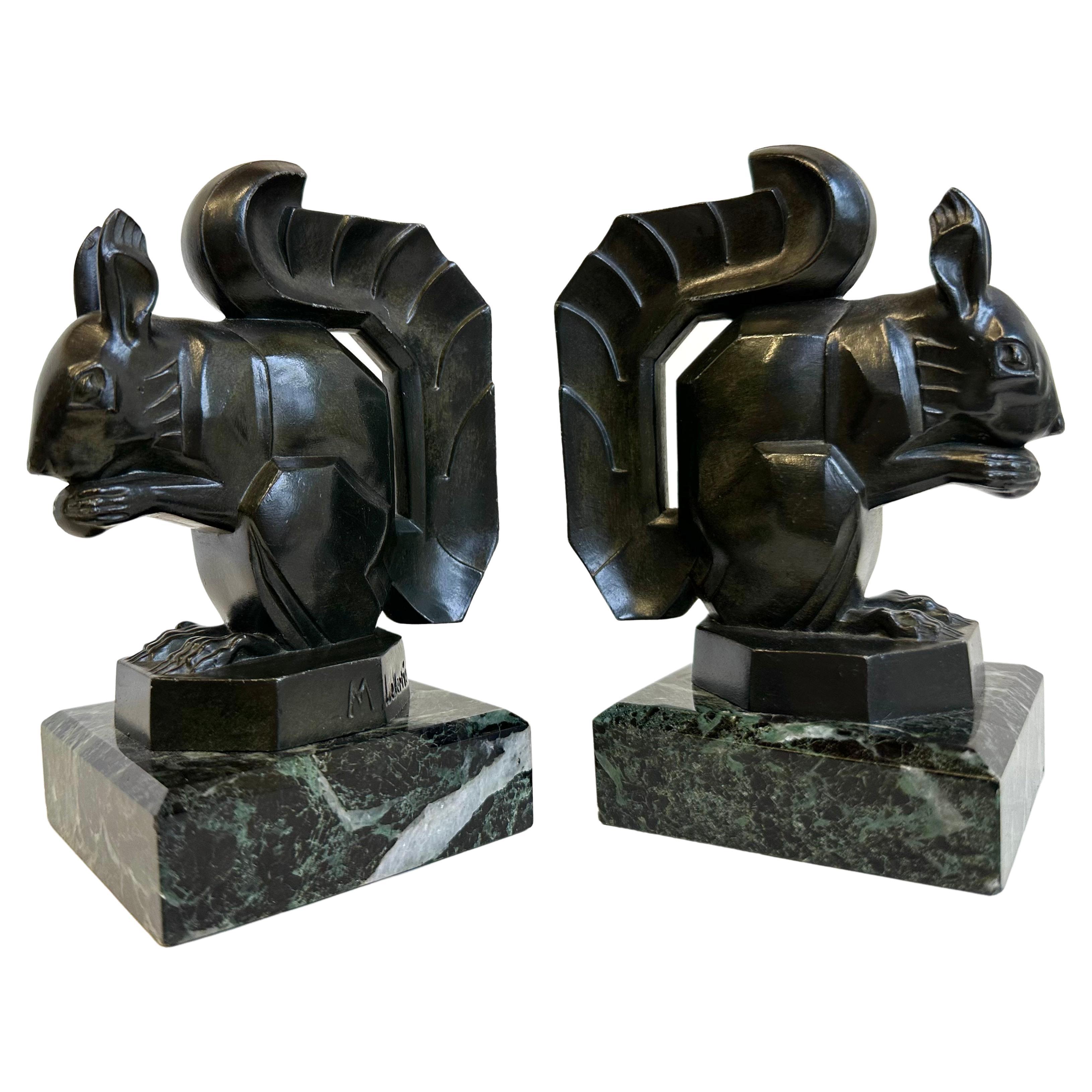 Antique Art Deco ''Squirrel'' Bookends by Max Le Verrier 1930 France Marble