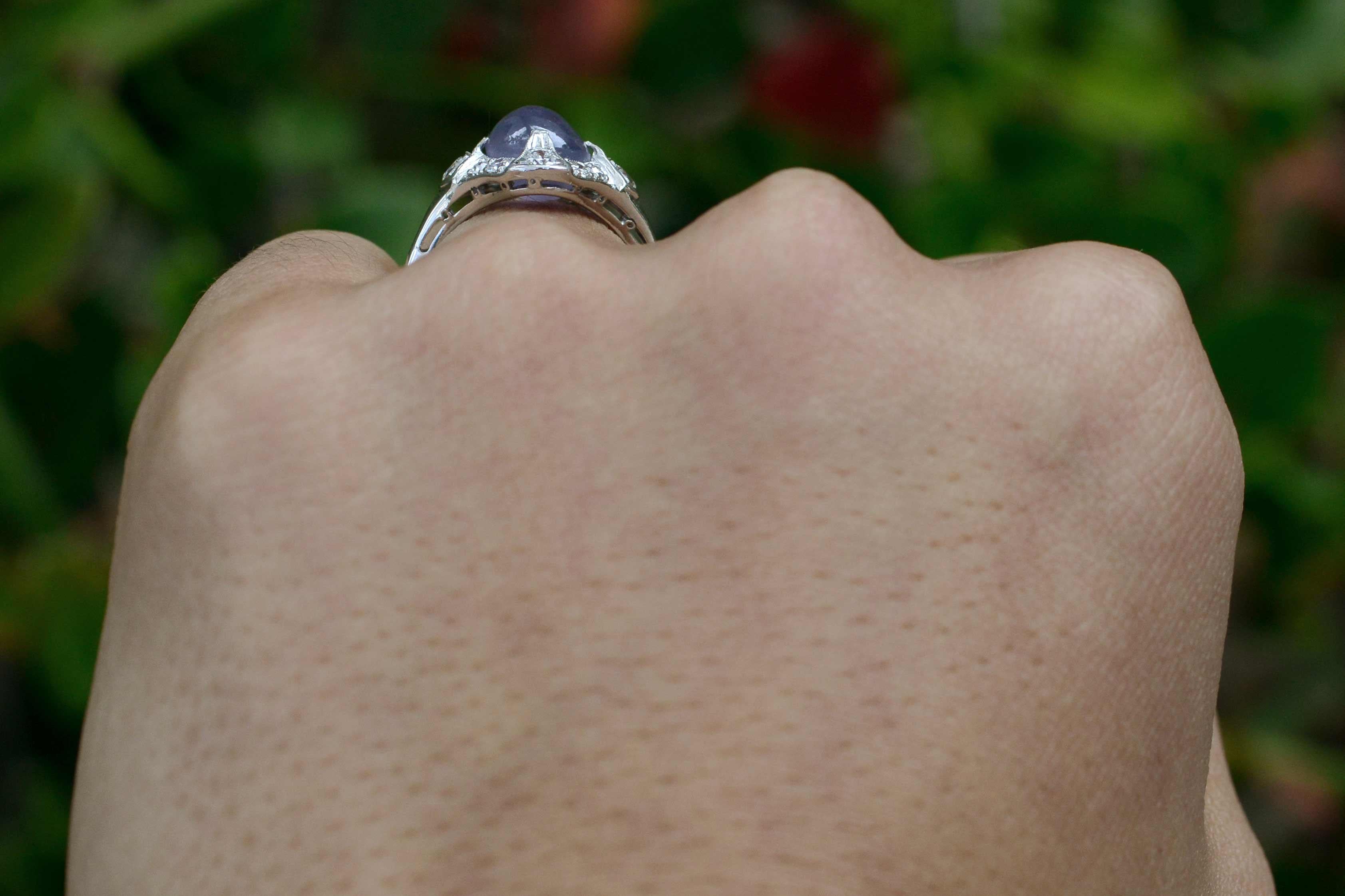 Antique Art Deco Star Sapphire Cocktail Ring 5 Carat Purple Dome 4 Point Shield In Good Condition In Santa Barbara, CA