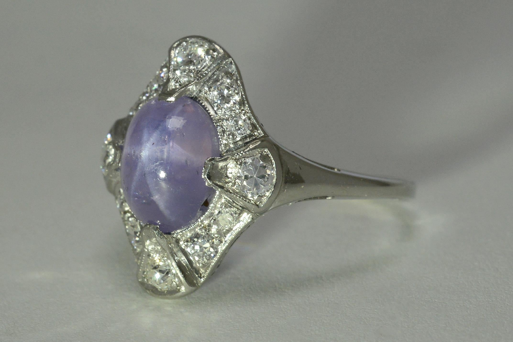Women's Antique Art Deco Star Sapphire Cocktail Ring 5 Carat Purple Dome 4 Point Shield