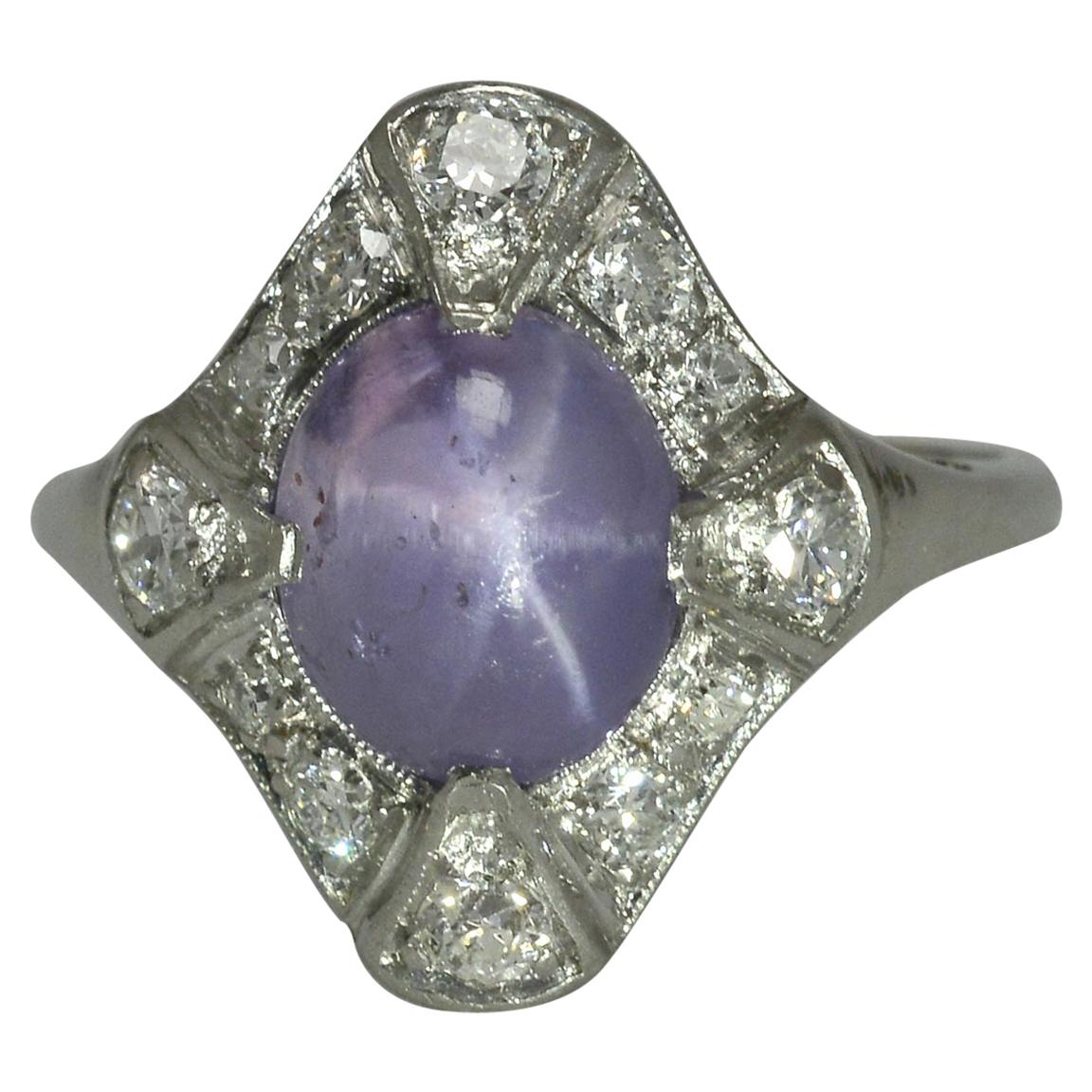 Antique Art Deco Star Sapphire Cocktail Ring 5 Carat Purple Dome 4 Point Shield