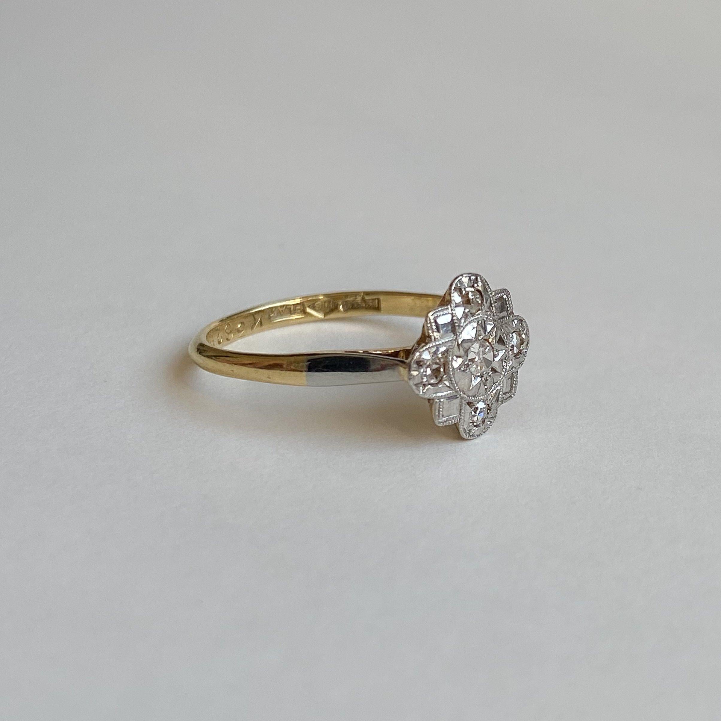 Single Cut Antique Art Deco Star Set Natural Diamond Cluster Ring 18k Platinum For Sale