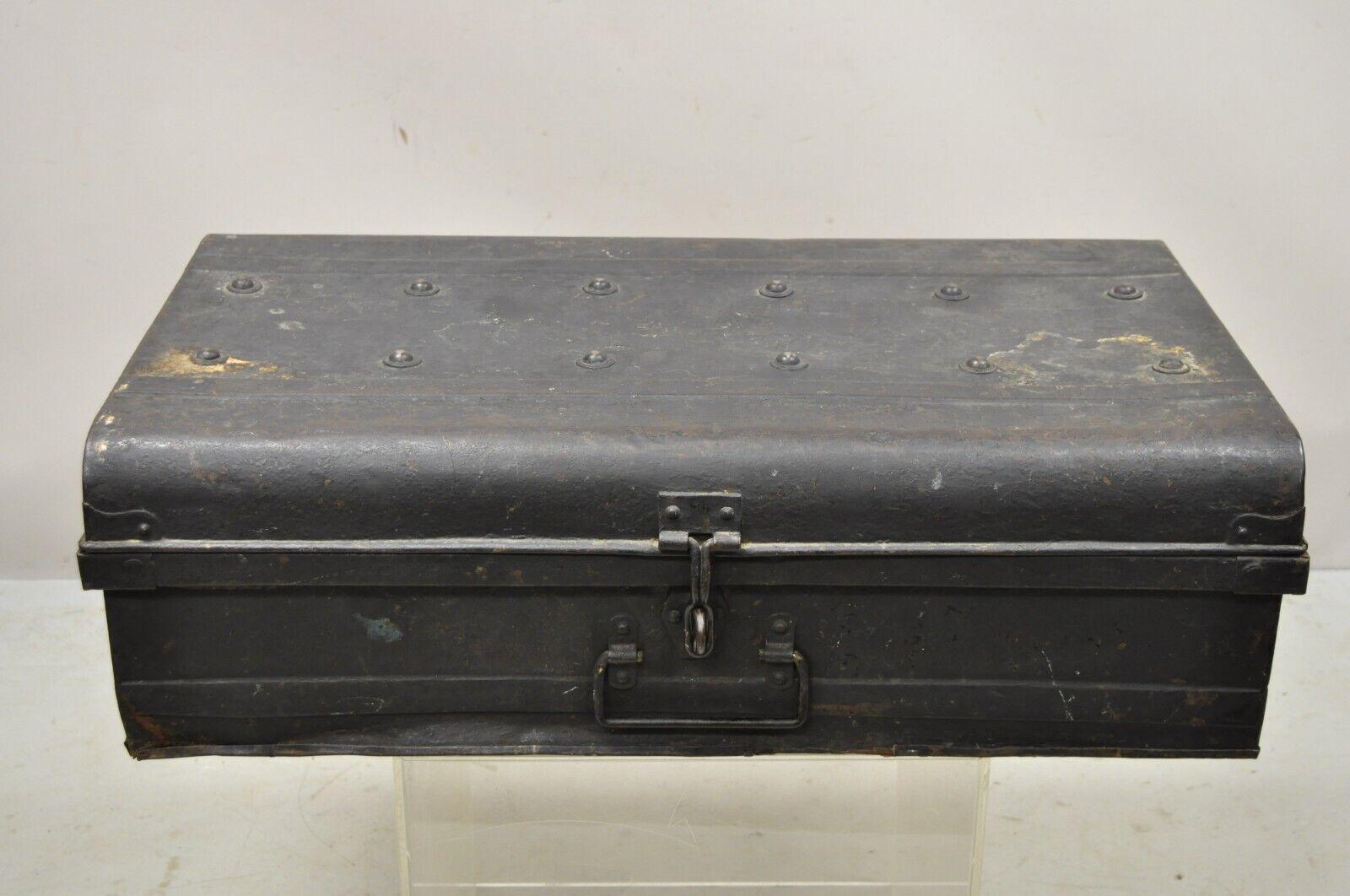 Antique Art Deco steel metal military weapons black storage travel trunk. Item features a steel metal construction, distressed finish, very nice antique item, great style and form, circa early 20th century. Measurements: 9.5