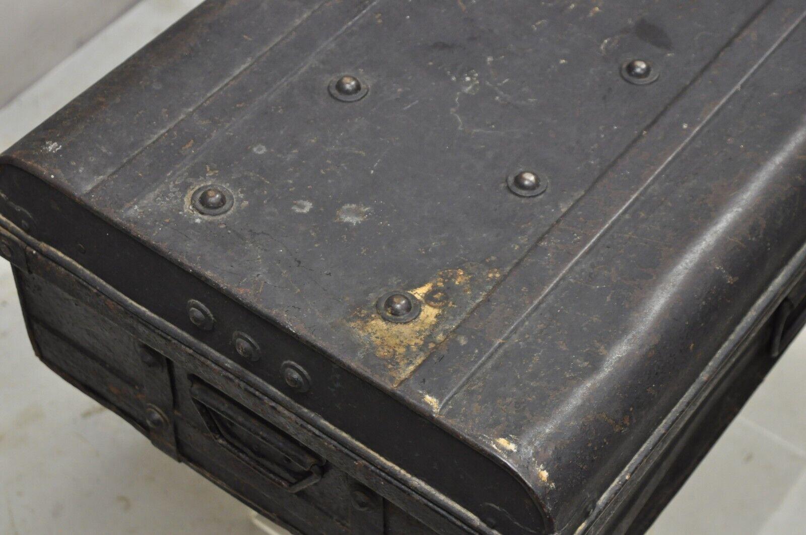 Antique Art Deco Steel Metal Military Weapons Black Storage Travel Trunk In Good Condition For Sale In Philadelphia, PA
