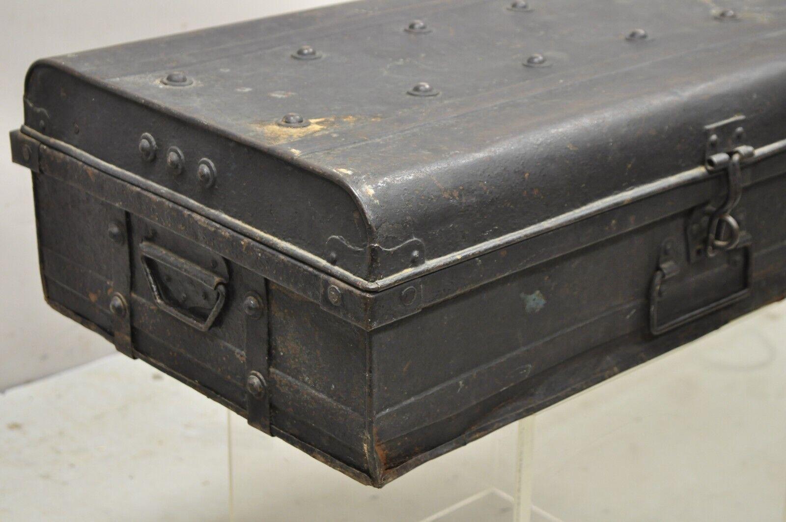 Antique Art Deco Steel Metal Military Weapons Black Storage Travel Trunk For Sale 1