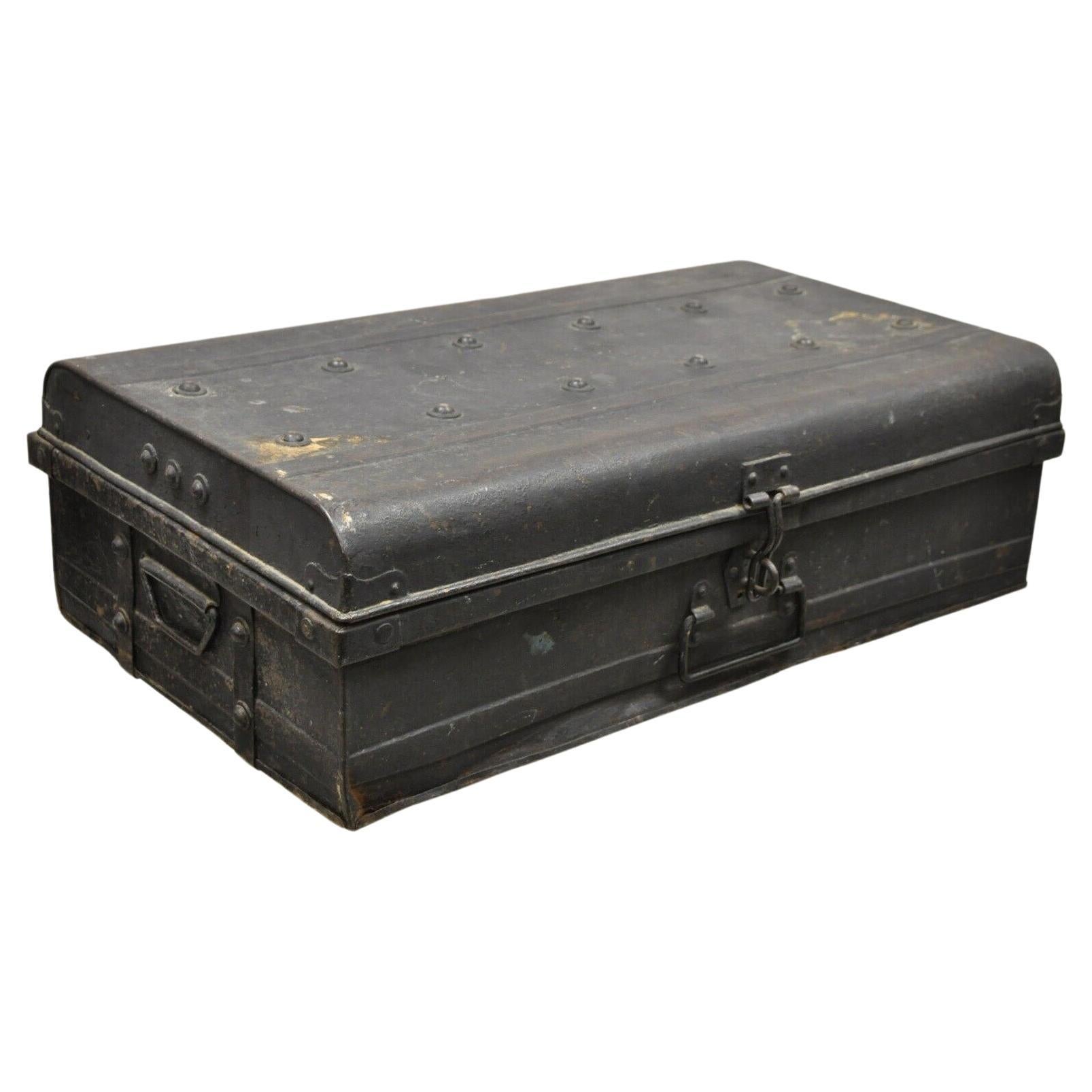 Antique Art Deco Steel Metal Military Weapons Black Storage Travel Trunk For Sale