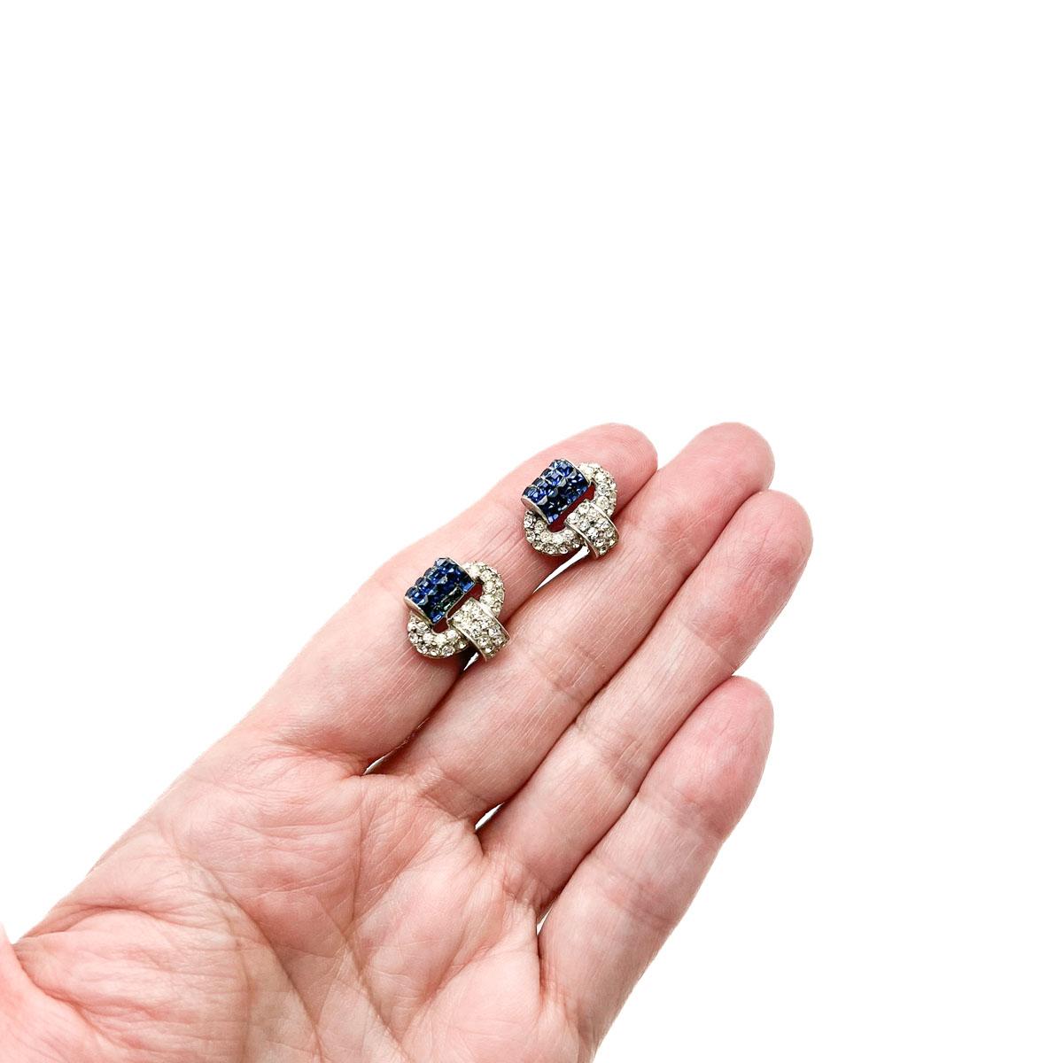 Women's or Men's Antique Art Deco Sterling & Sapphire Paste Earrings 1920s For Sale