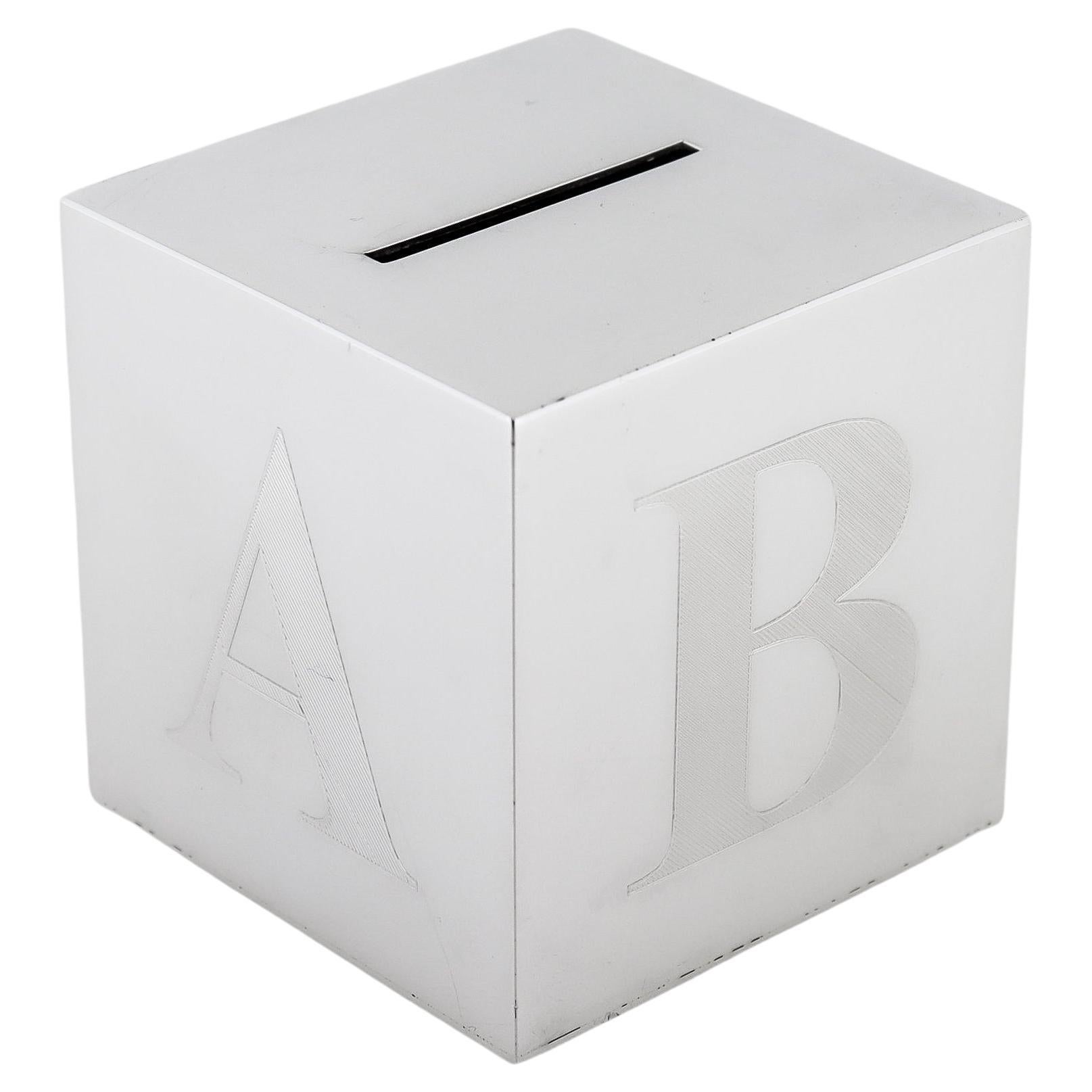 Antique Art Deco Sterling Silver 'ABC' Block / Cube Form Coin Bank