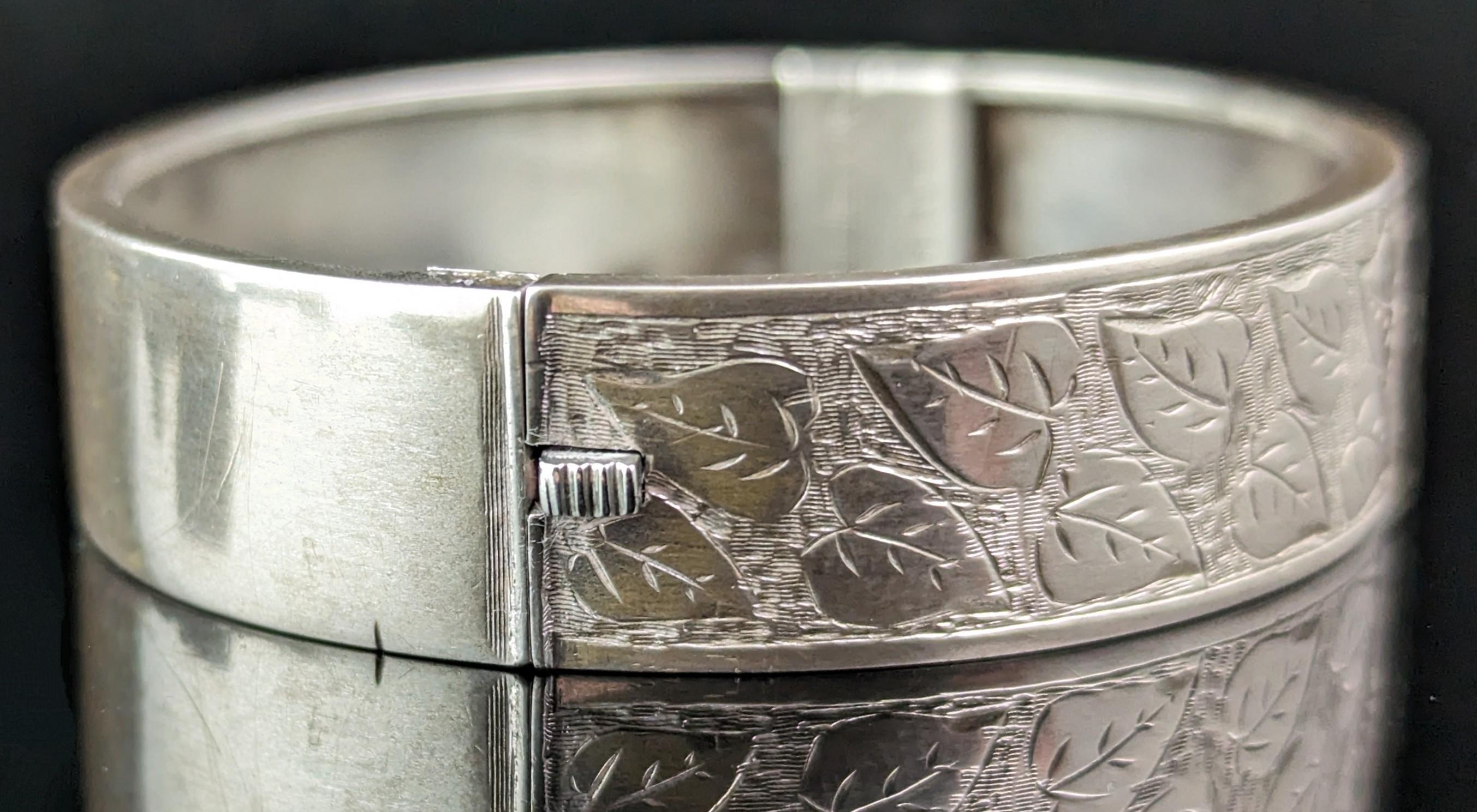 Women's Antique, Art Deco sterling silver bangle, leaf engraved  For Sale