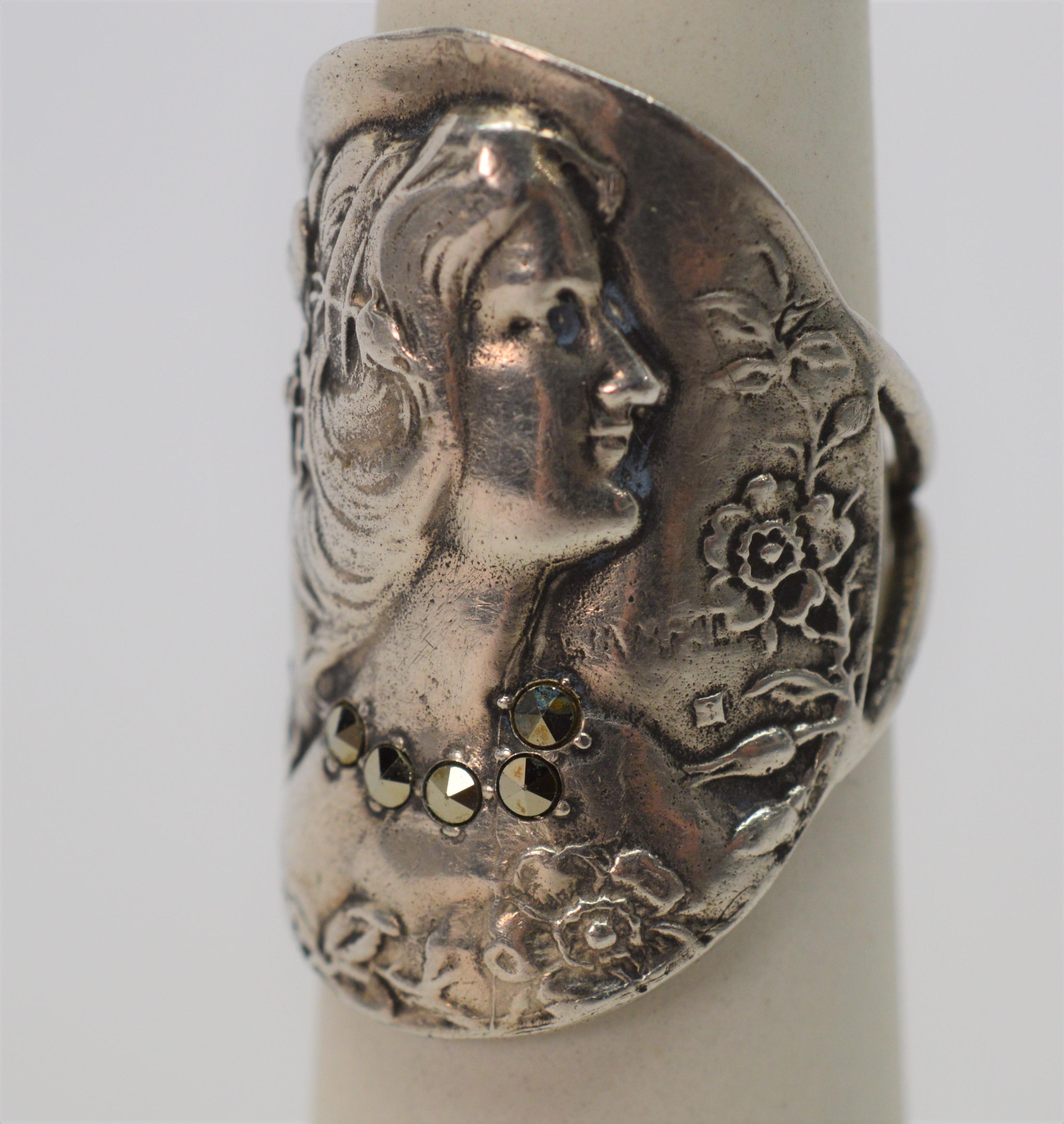 Antique Art Deco Sterling Silver Bust Ring 2