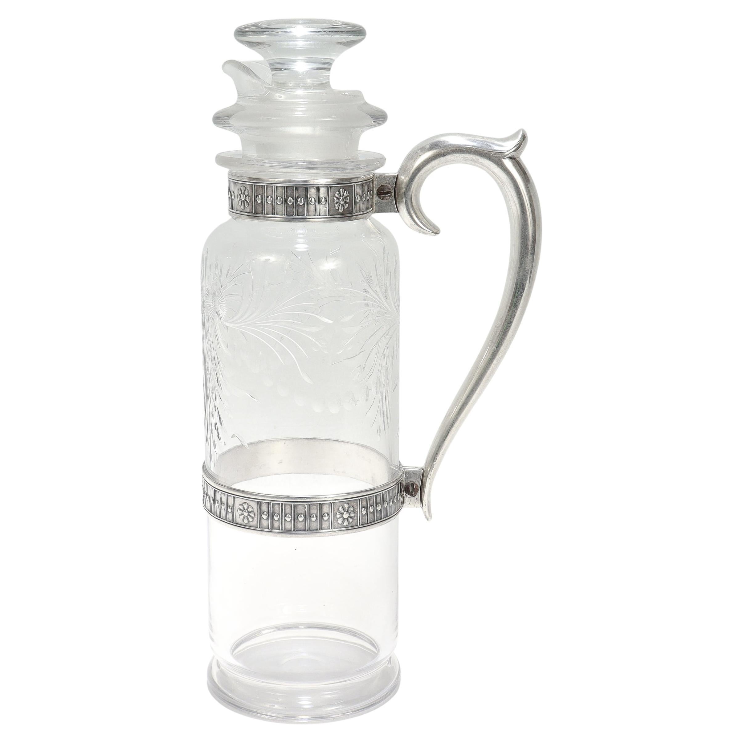 Antique Art Deco Sterling Silver & Cut Glass Cocktail Shaker or Pitcher