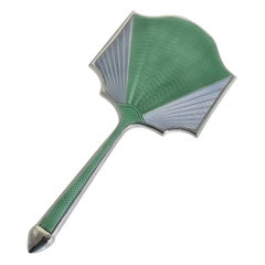 Antique Art Deco Sterling Silver Guilloché Enamel Hand Mirror, Birmingham 1932
