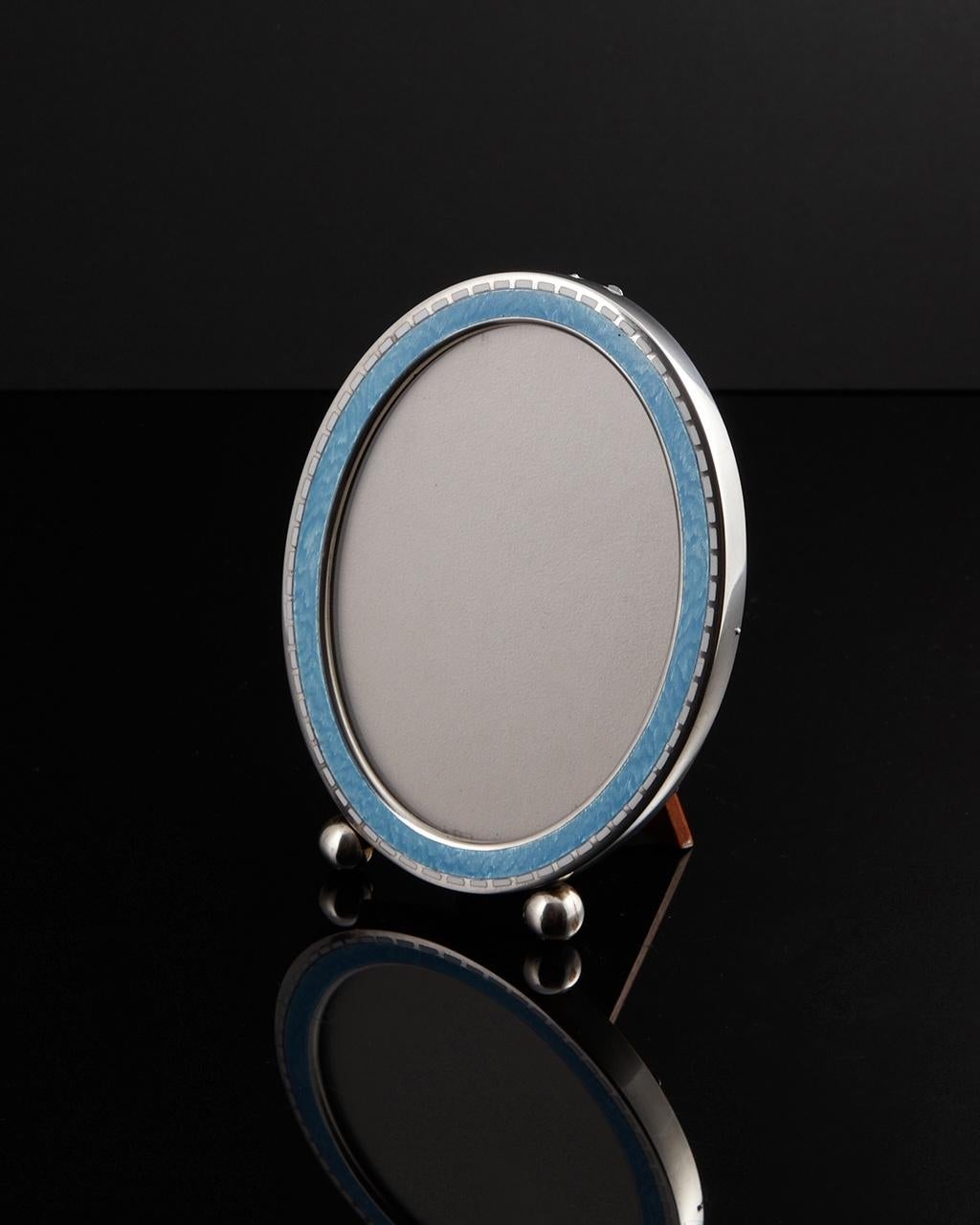 20th Century Antique Art Deco Sterling Silver & Guilloche Enamel Picture Frame USA Circa 1920 For Sale