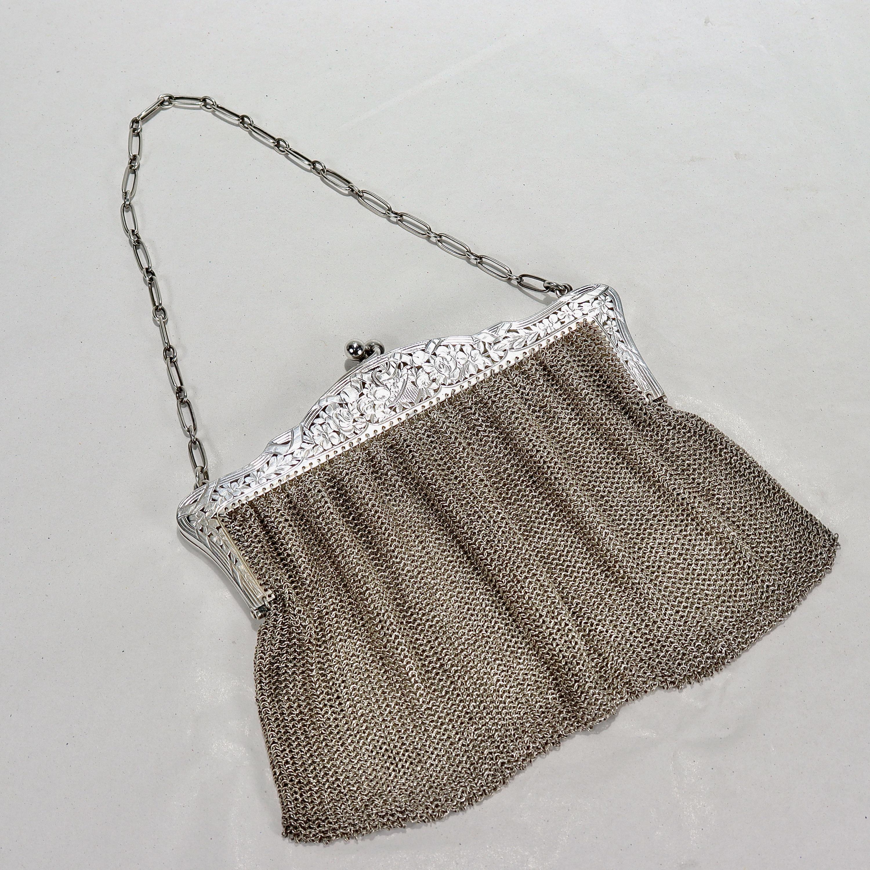 Art déco Ancien sac à main ou sac de soirée Art Déco en maille argent sterling