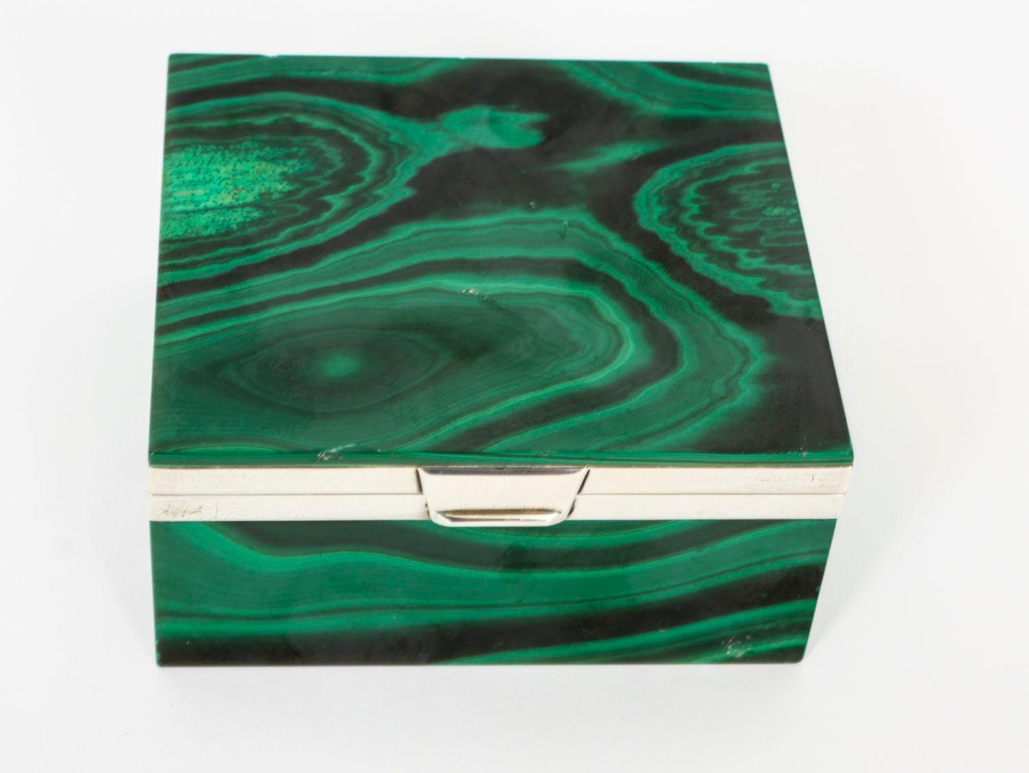 Antique Art Deco Sterling Silver Mounted Malachite Casket 1925s In Good Condition In London, GB