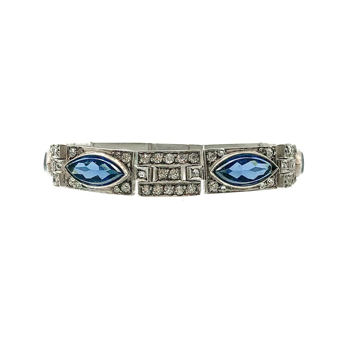 Antique Art Deco Sterling Silver & Sapphire Paste Bracelet 1920s In Fair Condition In Wilmslow, GB