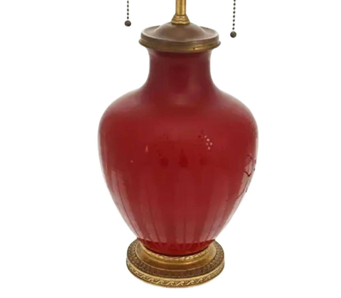 Antique Art Deco Steuben Red Acid Etched Glass Lamp, 1920s In Good Condition For Sale In LOS ANGELES, CA
