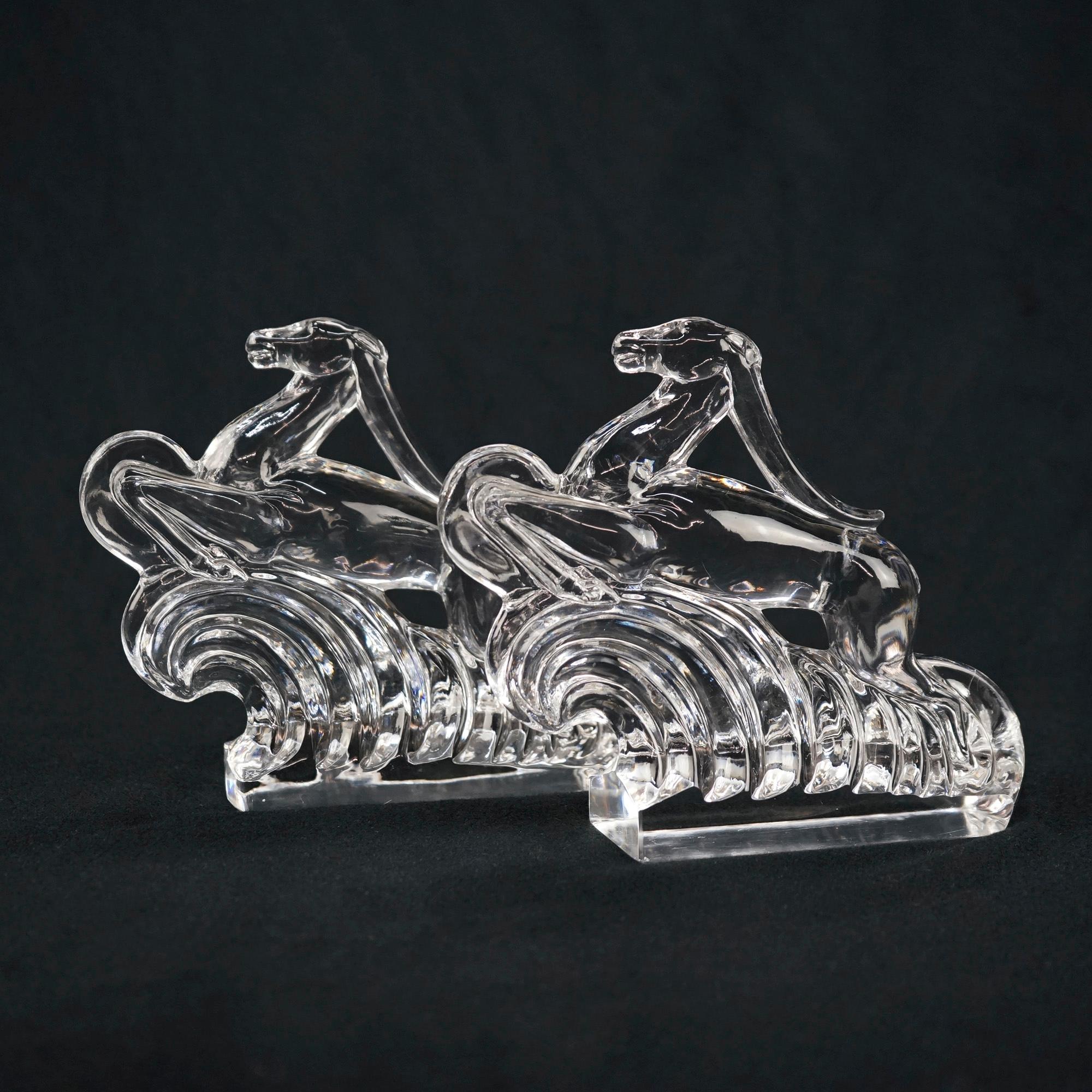 Antique Art Deco Steuben Sidney Waugh Art Glass Figural Gazelle Bookends c1930 In Good Condition In Big Flats, NY