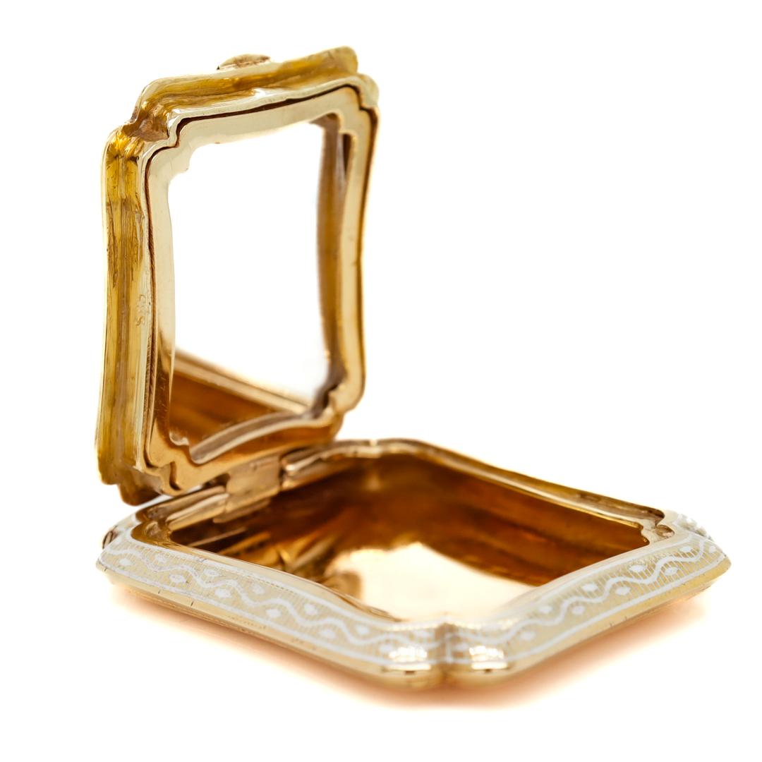 Women's Antique Art Deco Style 14k Gold & Enamel Compact or Pillbox with a Mirror For Sale