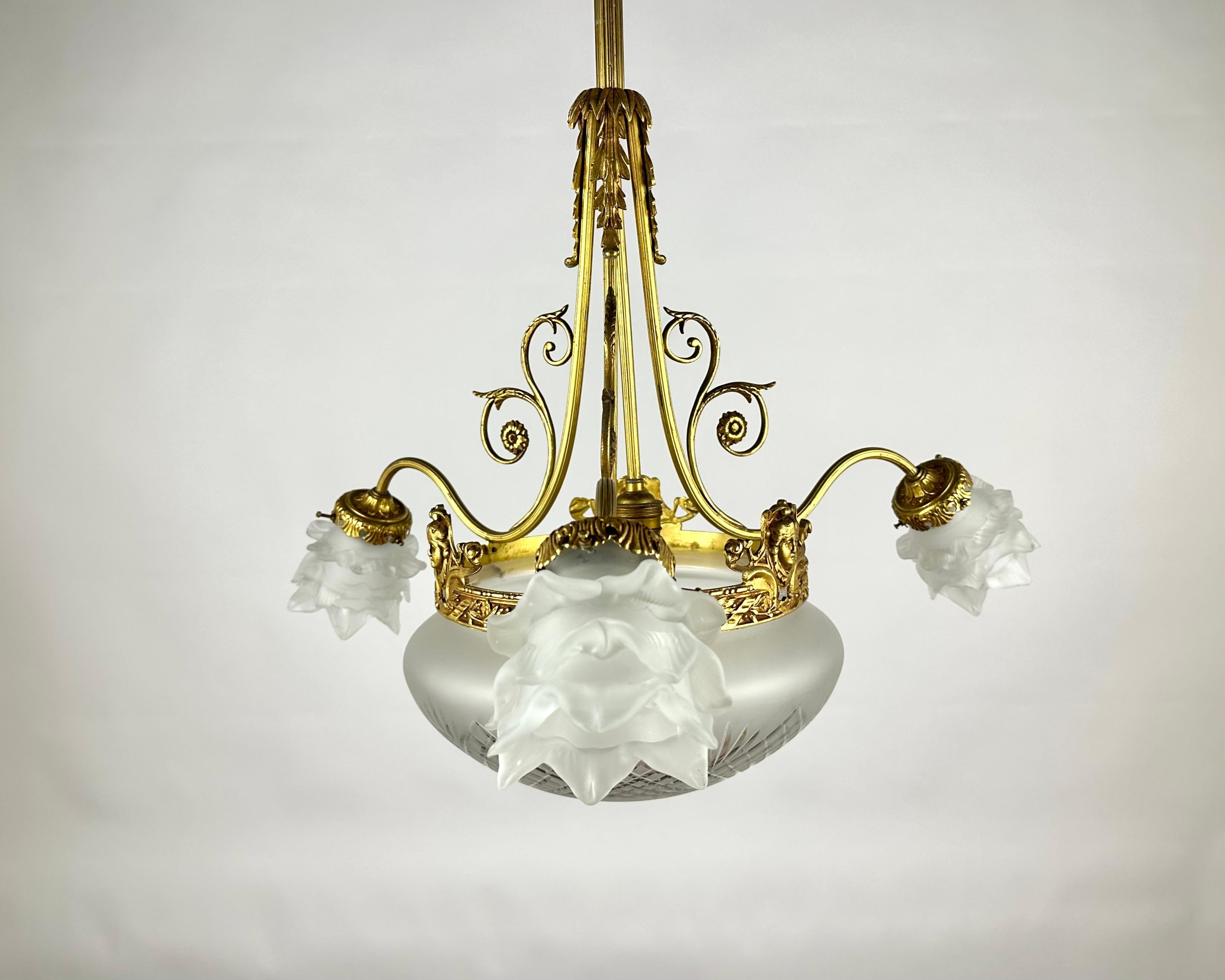 French Antique Art Deco Style Bronze & Glass Chandelier, France 1920s For Sale