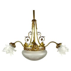 Used Art Deco Style Bronze & Glass Chandelier, France 1920s
