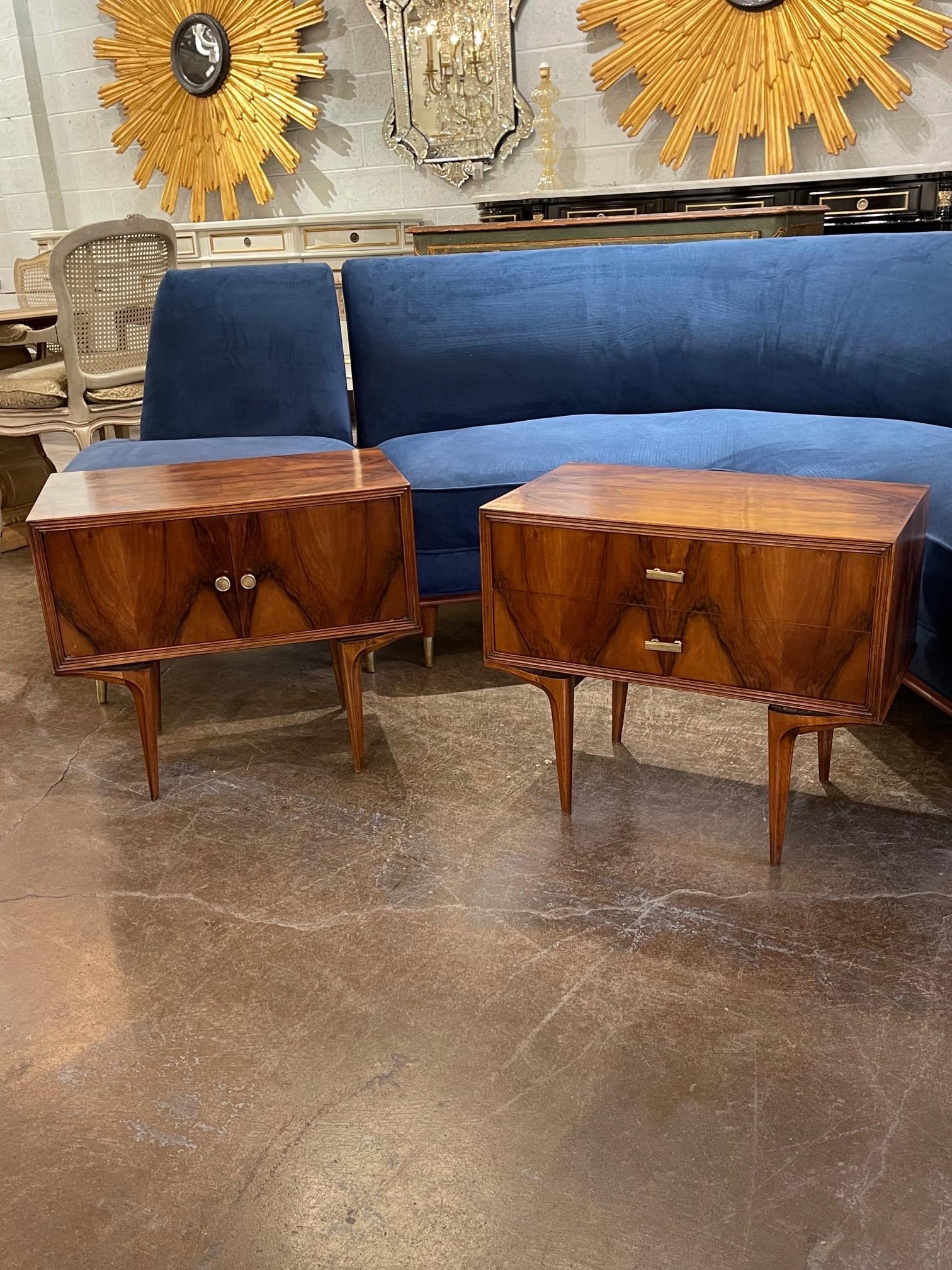 Handsome pair of antique Art Deco style burl walnut side tables. This pair is very fine quality. They are similar but not exactly the same. Makes a stylish statement!!