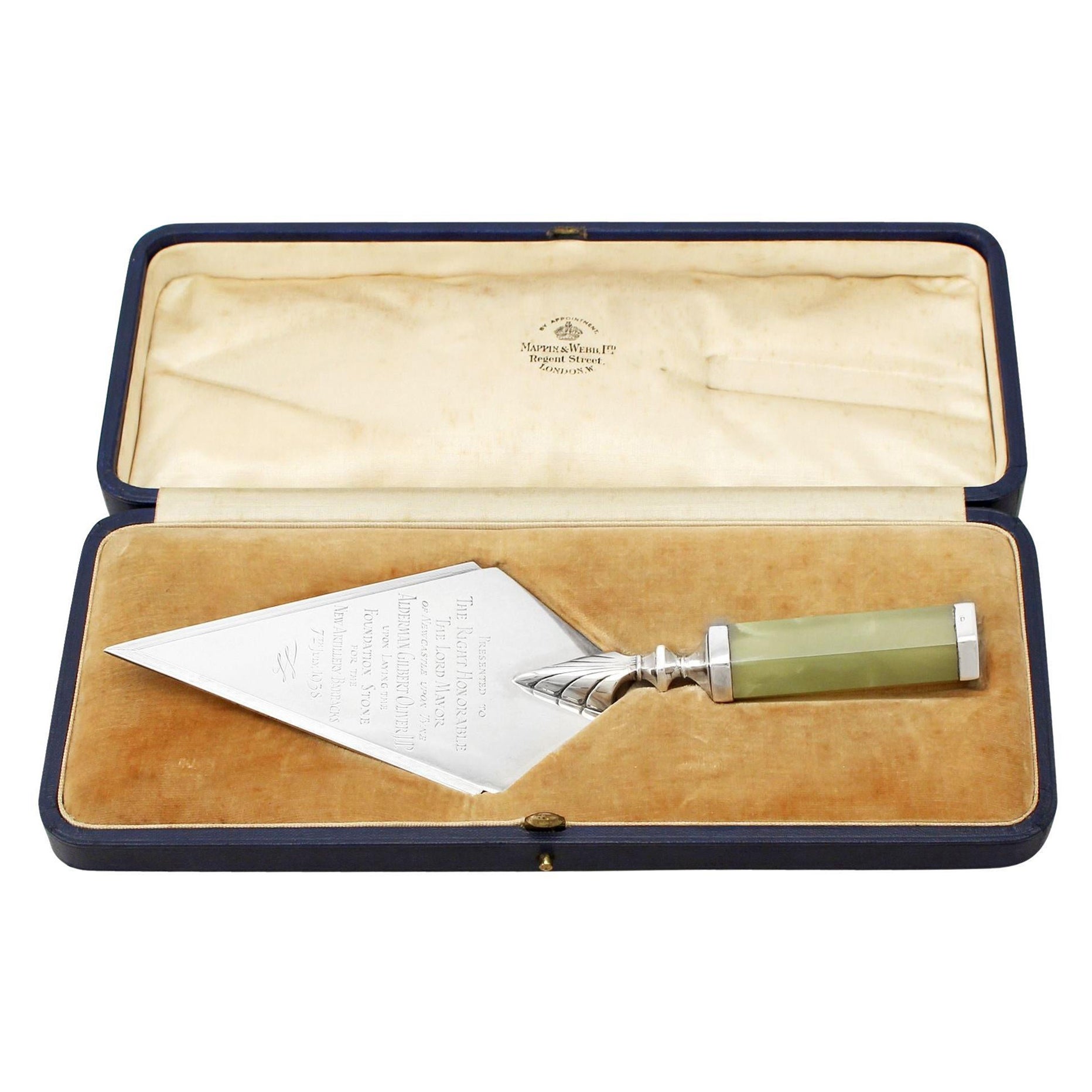 Antique Art Deco Style Sterling Silver and Agate Handled Presentation Trowel