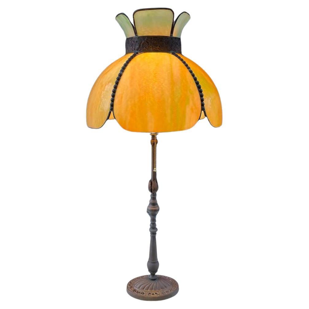 Antique Art Deco Style Table Lamp with Tiffany Style Shade For Sale