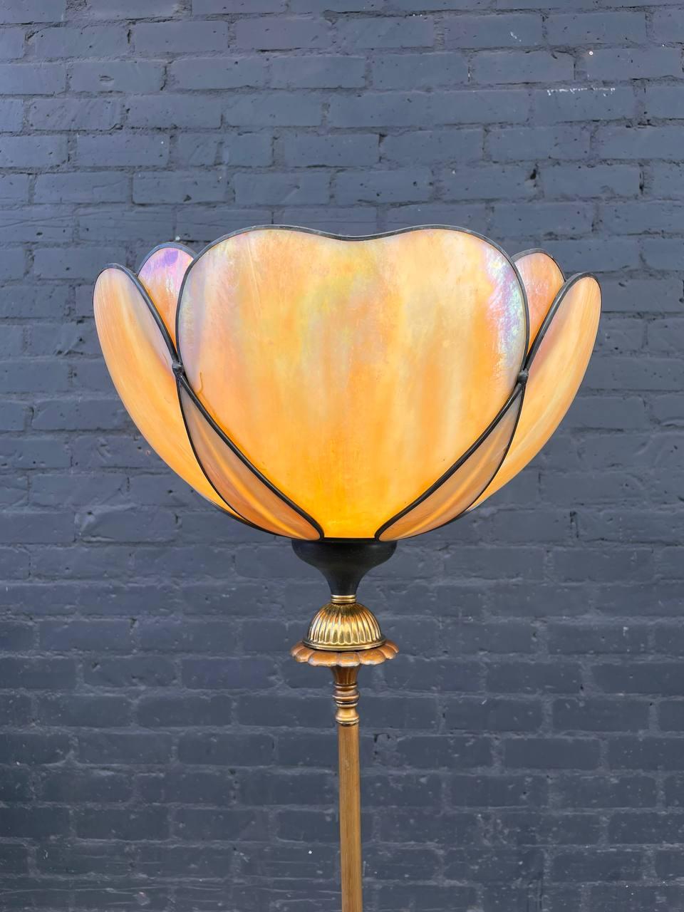 Mid-Century Modern Antique Art Deco Style Torchiere Floor Lamp with Tiffany Style Shade