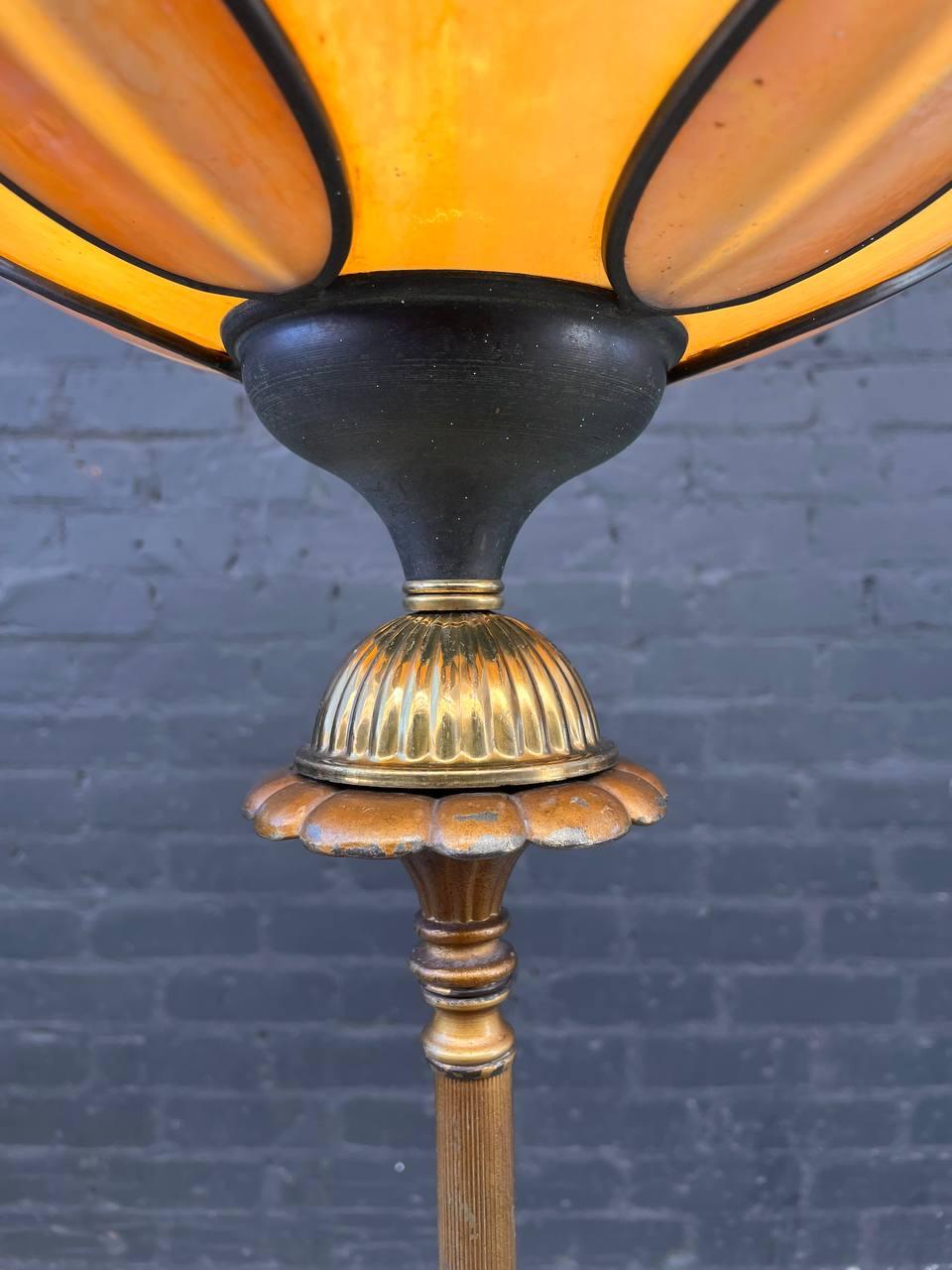Antique Art Deco Style Torchiere Floor Lamp with Tiffany Style Shade In Good Condition In Los Angeles, CA