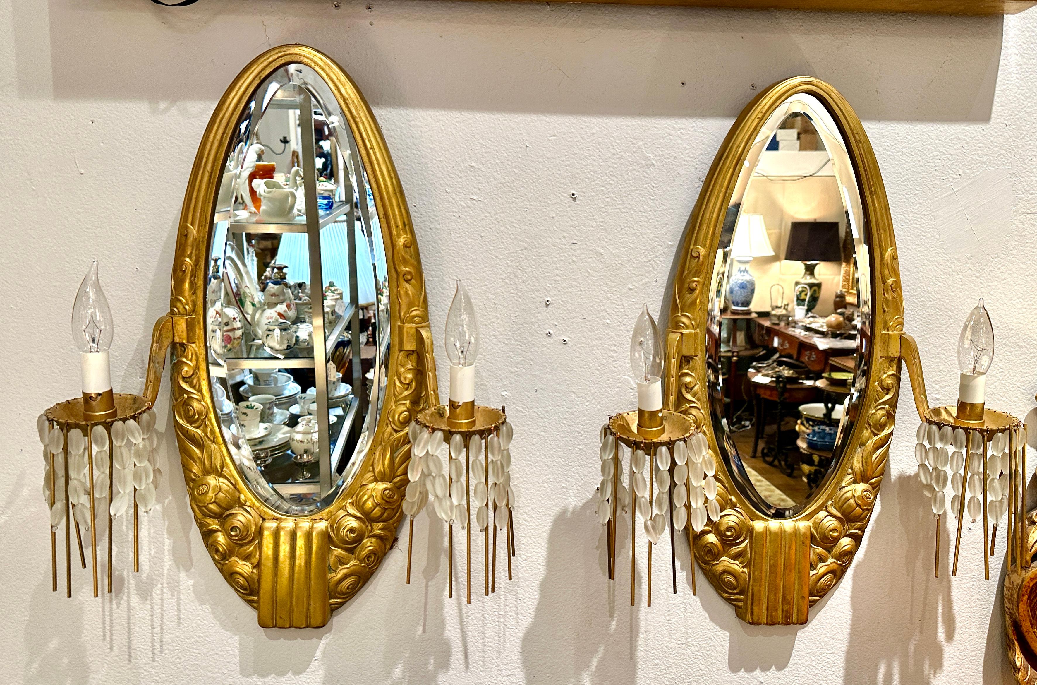 French Antique Art Deco Sue et Mare Gilt Bronze Mirror Wall Sconces, Pair For Sale