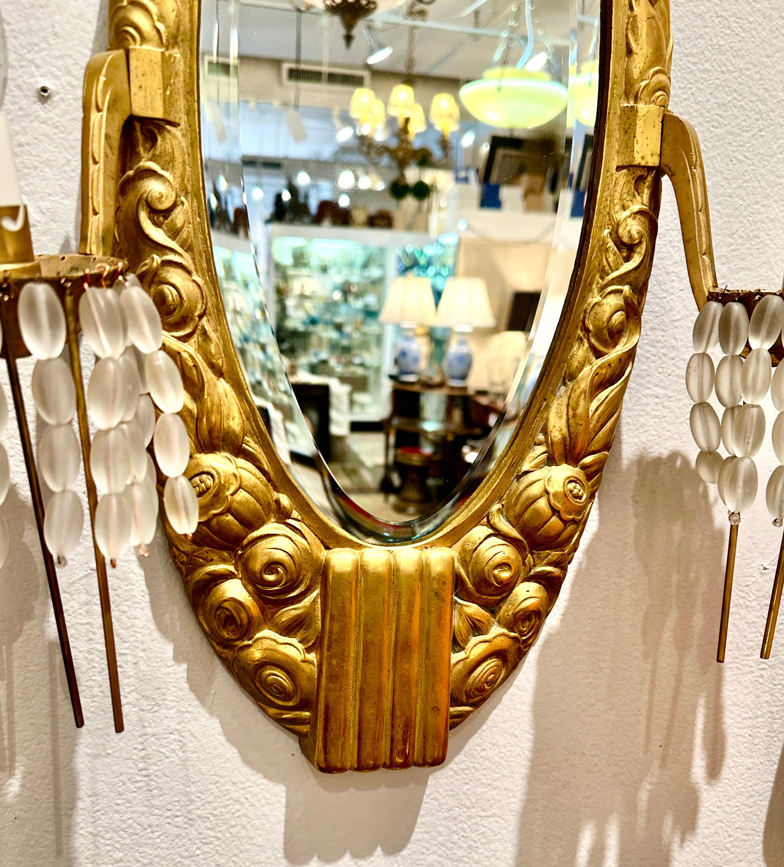 Cast Antique Art Deco Sue et Mare Gilt Bronze Mirror Wall Sconces, Pair For Sale