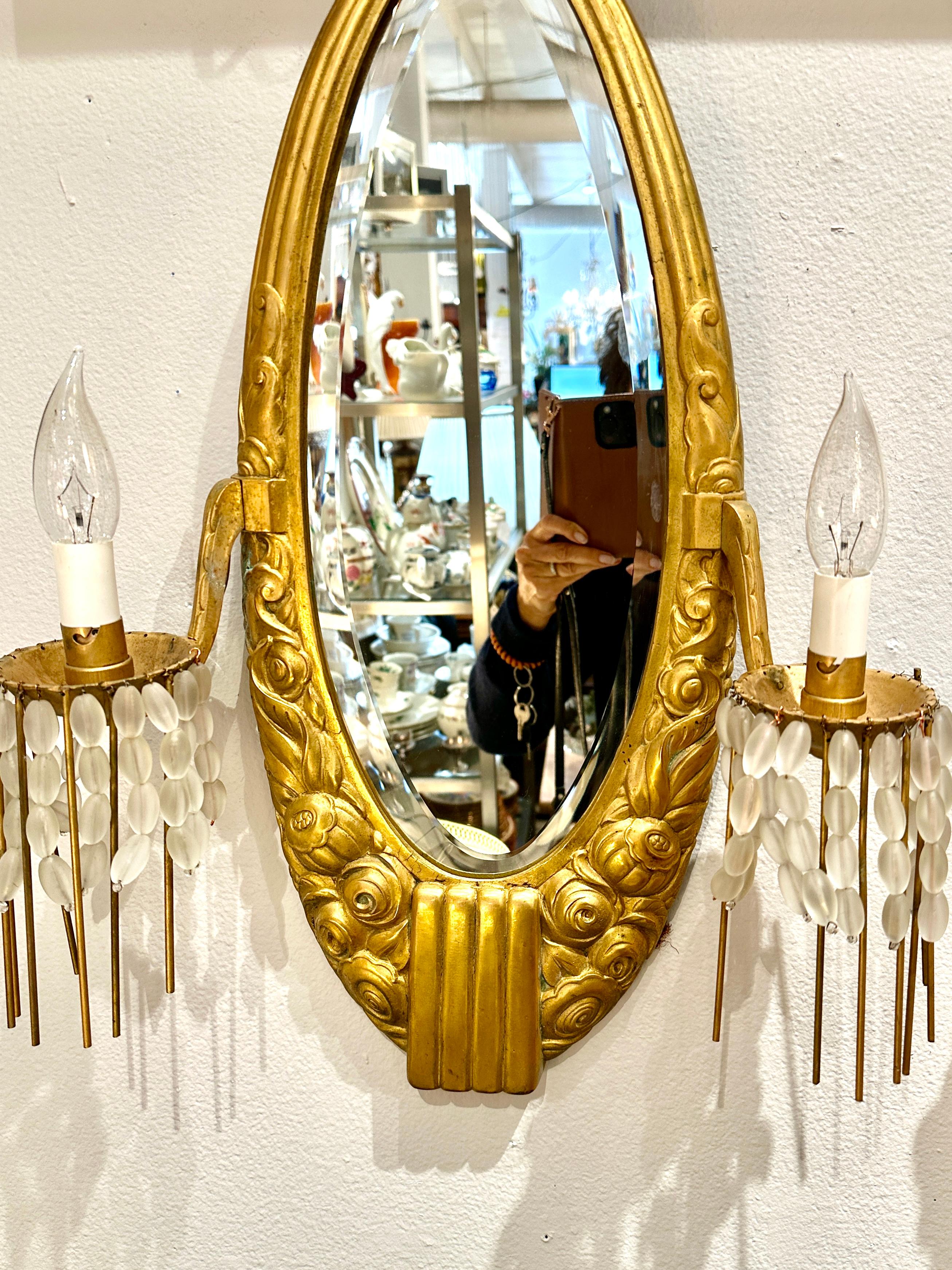 Early 20th Century Antique Art Deco Sue et Mare Gilt Bronze Mirror Wall Sconces, Pair For Sale
