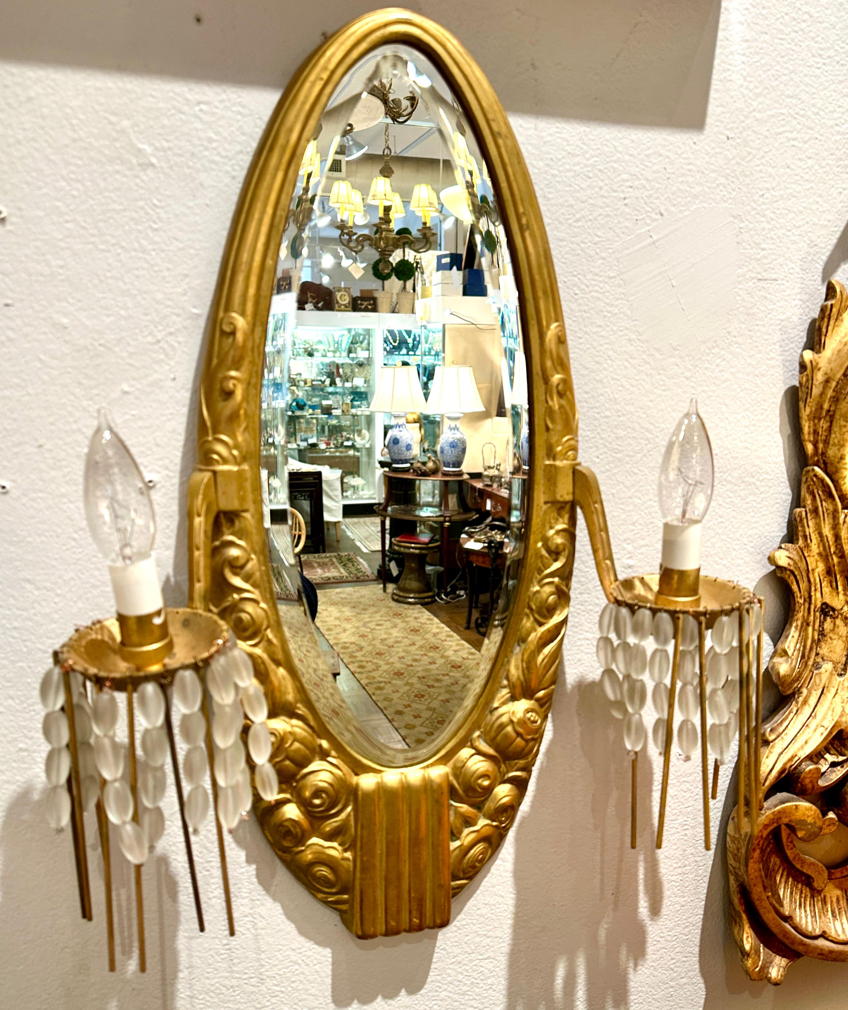 Antique Art Deco Sue et Mare Gilt Bronze Mirror Wall Sconces, Pair For Sale 1
