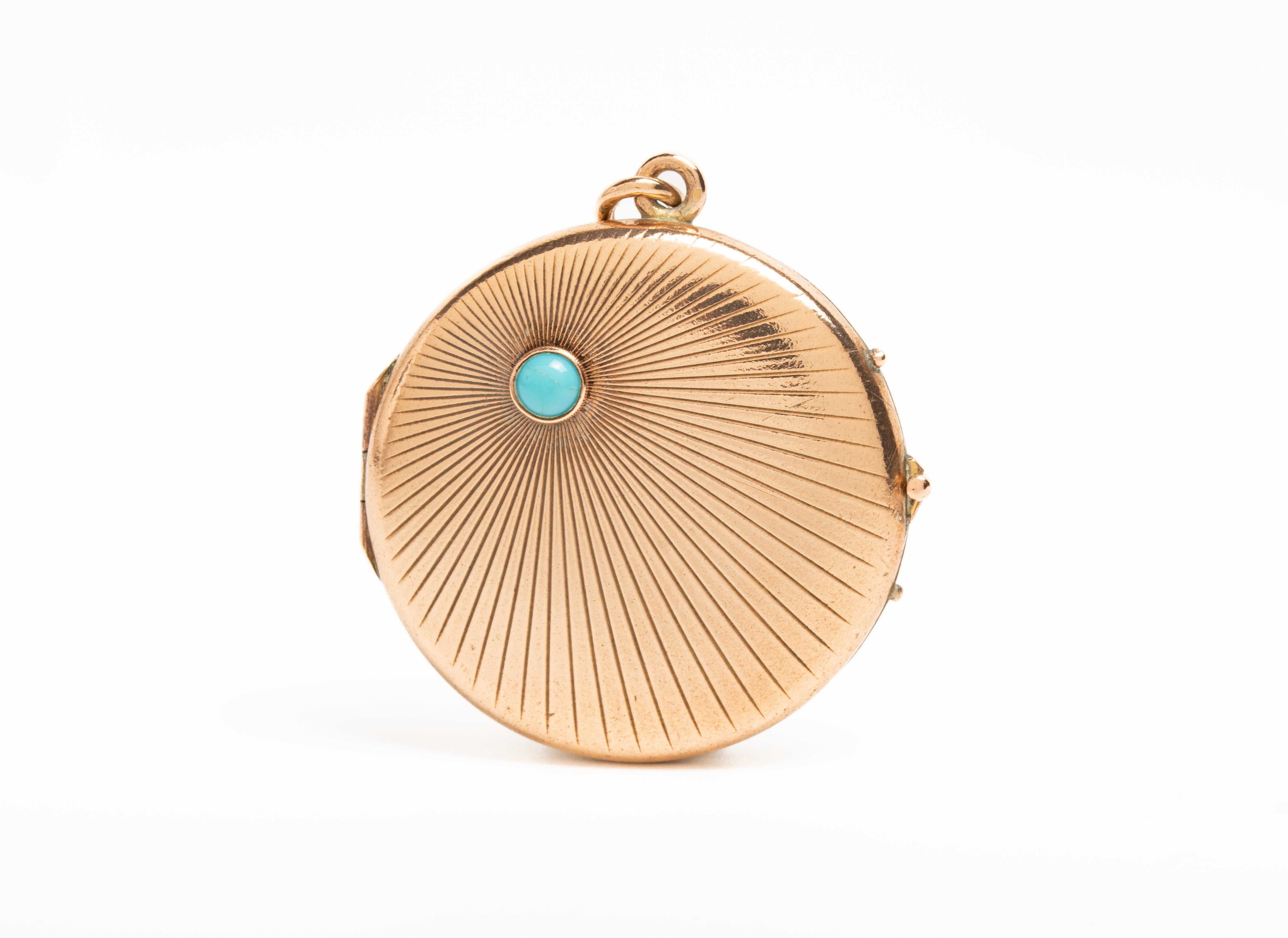 Round Cut Antique Art Deco Sunburst Locket With A Turquoise For Sale