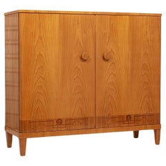 Antique Art Deco Swedish Elm Wood Cabinet with Inlay