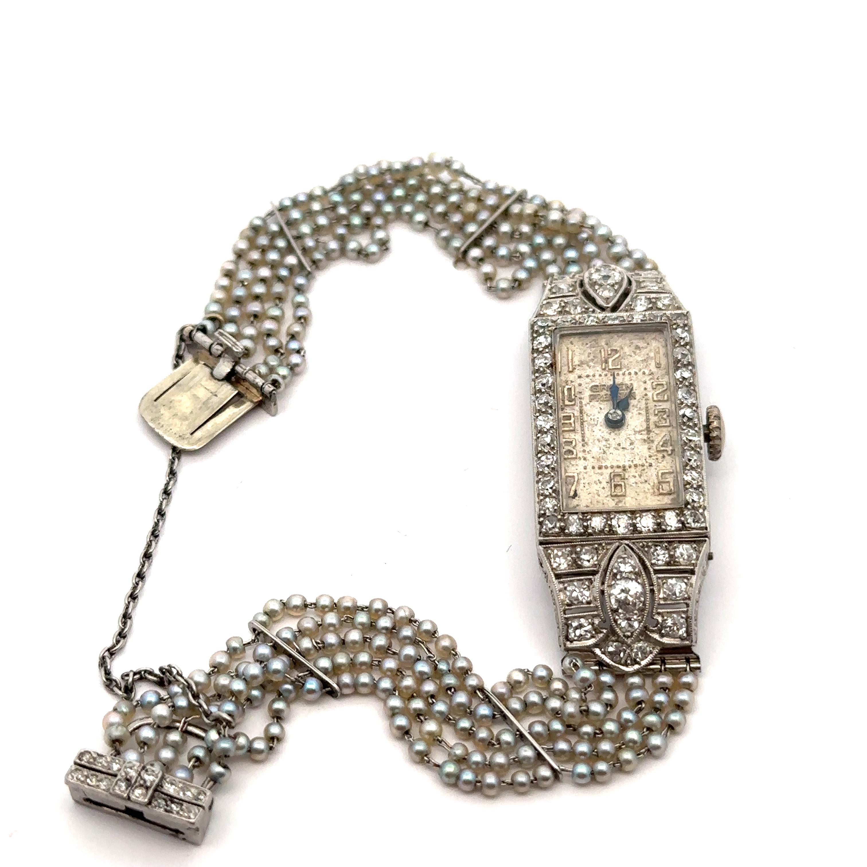 Antique Art Deco Swiss Gruen Platinum Old Diamond Watch w/ Seed Pearl Bracelet 5