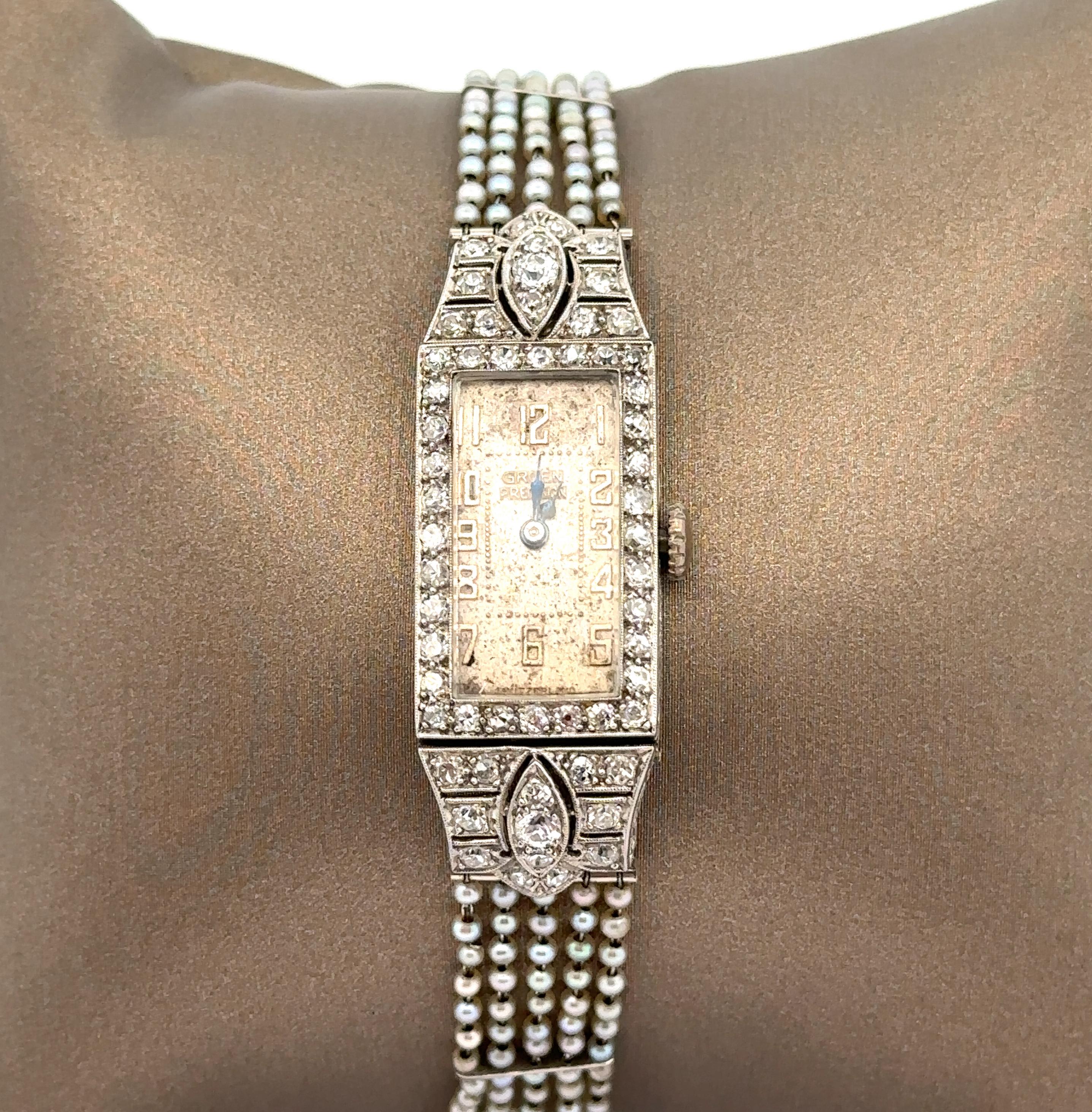 Antique Art Deco Swiss Gruen Platinum Old Diamond Watch w/ Seed Pearl Bracelet 6
