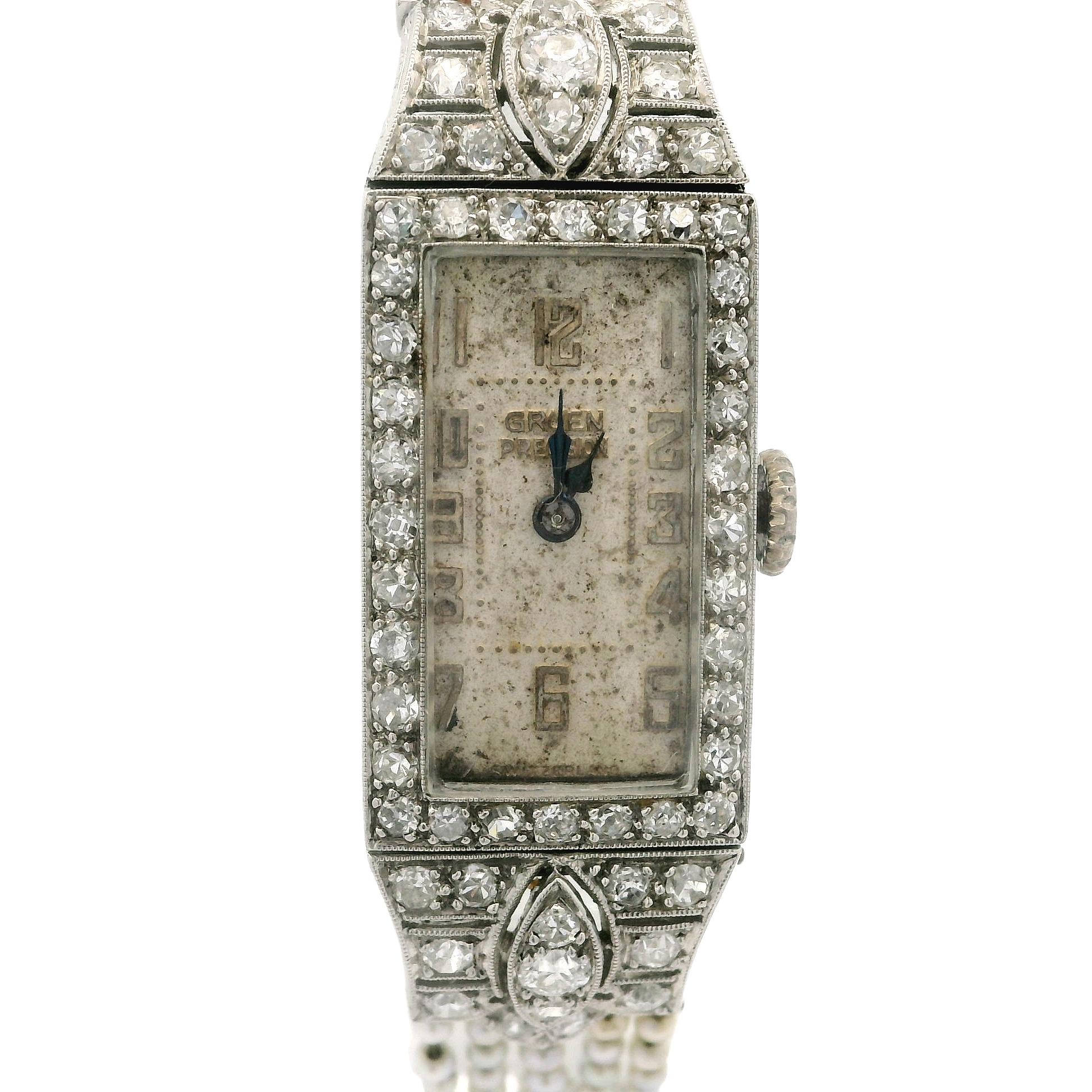 Old Mine Cut Antique Art Deco Swiss Gruen Platinum Old Diamond Watch w/ Seed Pearl Bracelet