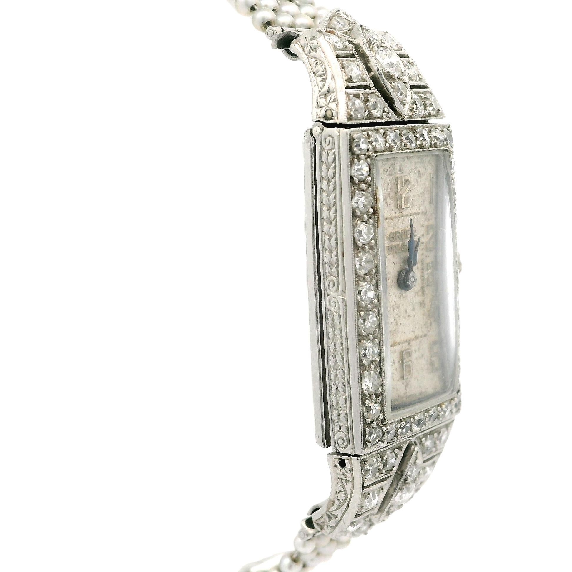 Antique Art Deco Swiss Gruen Platinum Old Diamond Watch w/ Seed Pearl Bracelet In Excellent Condition In Montclair, NJ