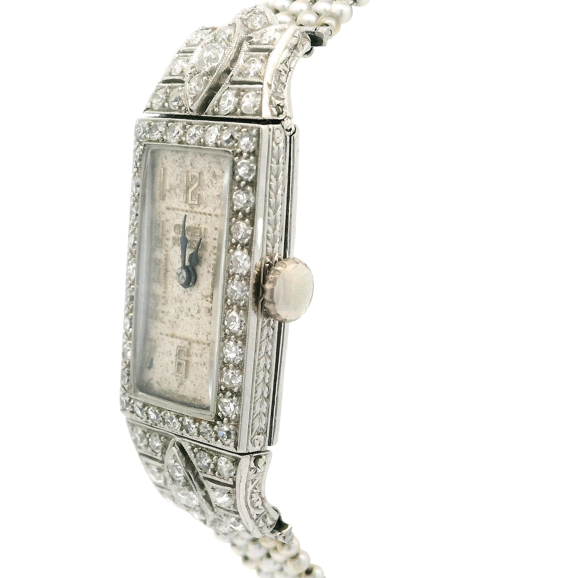 Women's Antique Art Deco Swiss Gruen Platinum Old Diamond Watch w/ Seed Pearl Bracelet