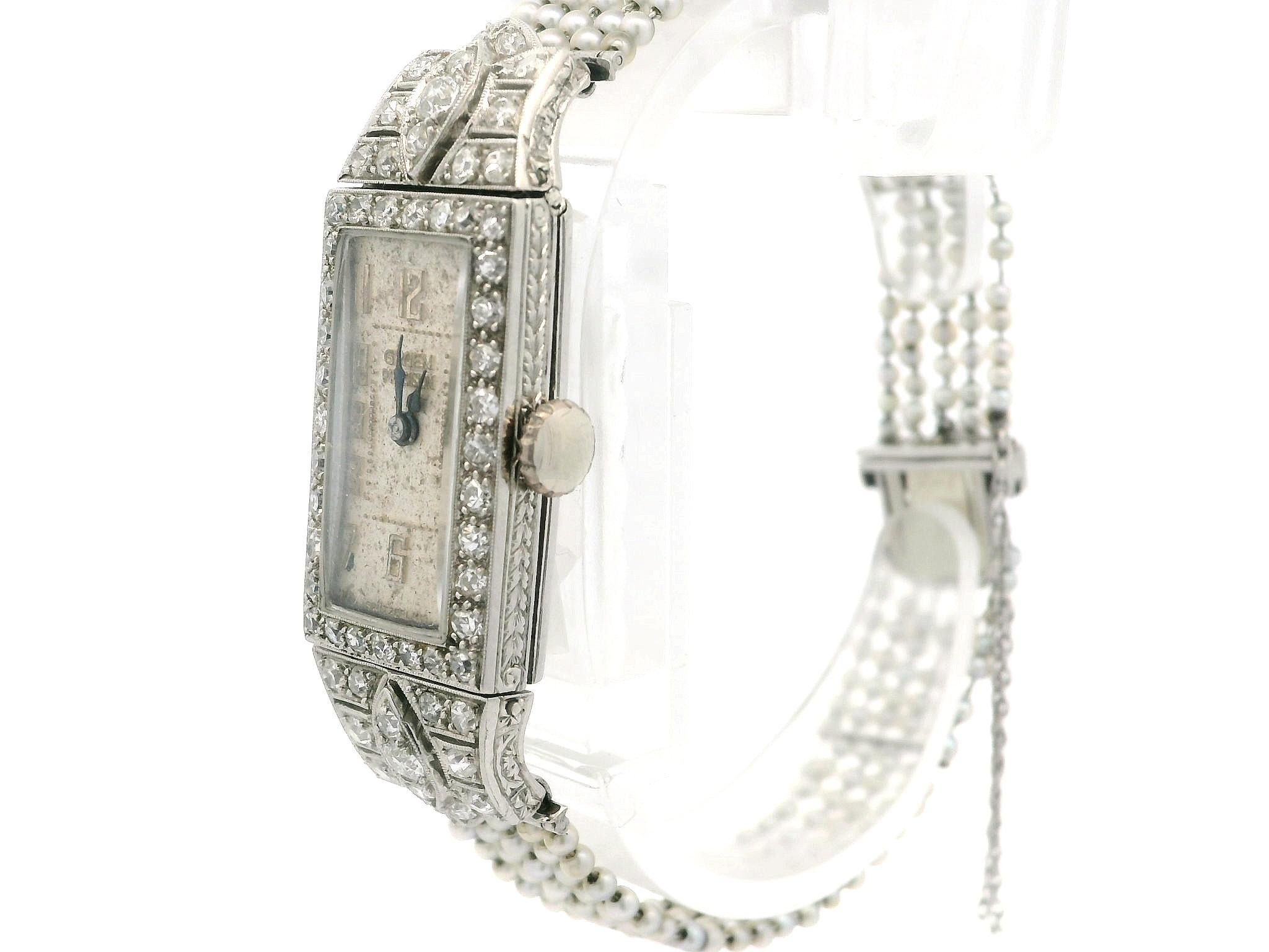 Antique Art Deco Swiss Gruen Platinum Old Diamond Watch w/ Seed Pearl Bracelet 1