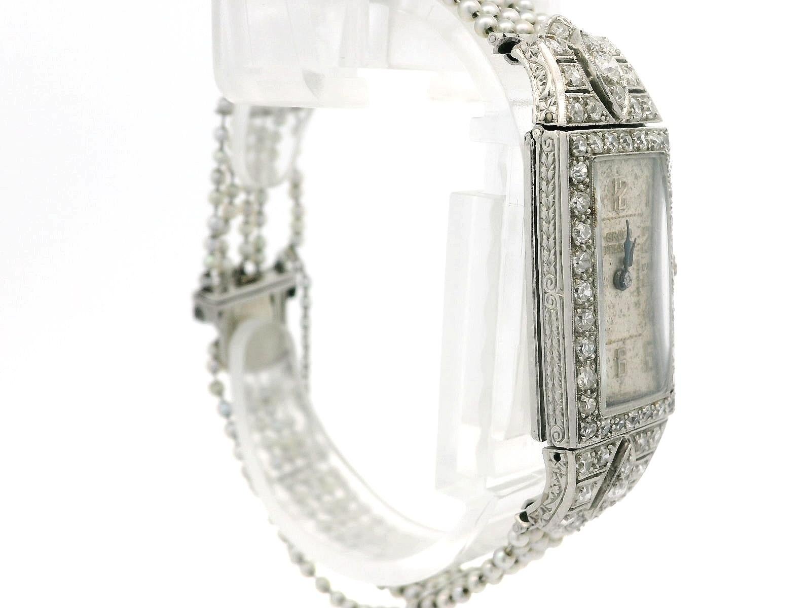 Antique Art Deco Swiss Gruen Platinum Old Diamond Watch w/ Seed Pearl Bracelet 2